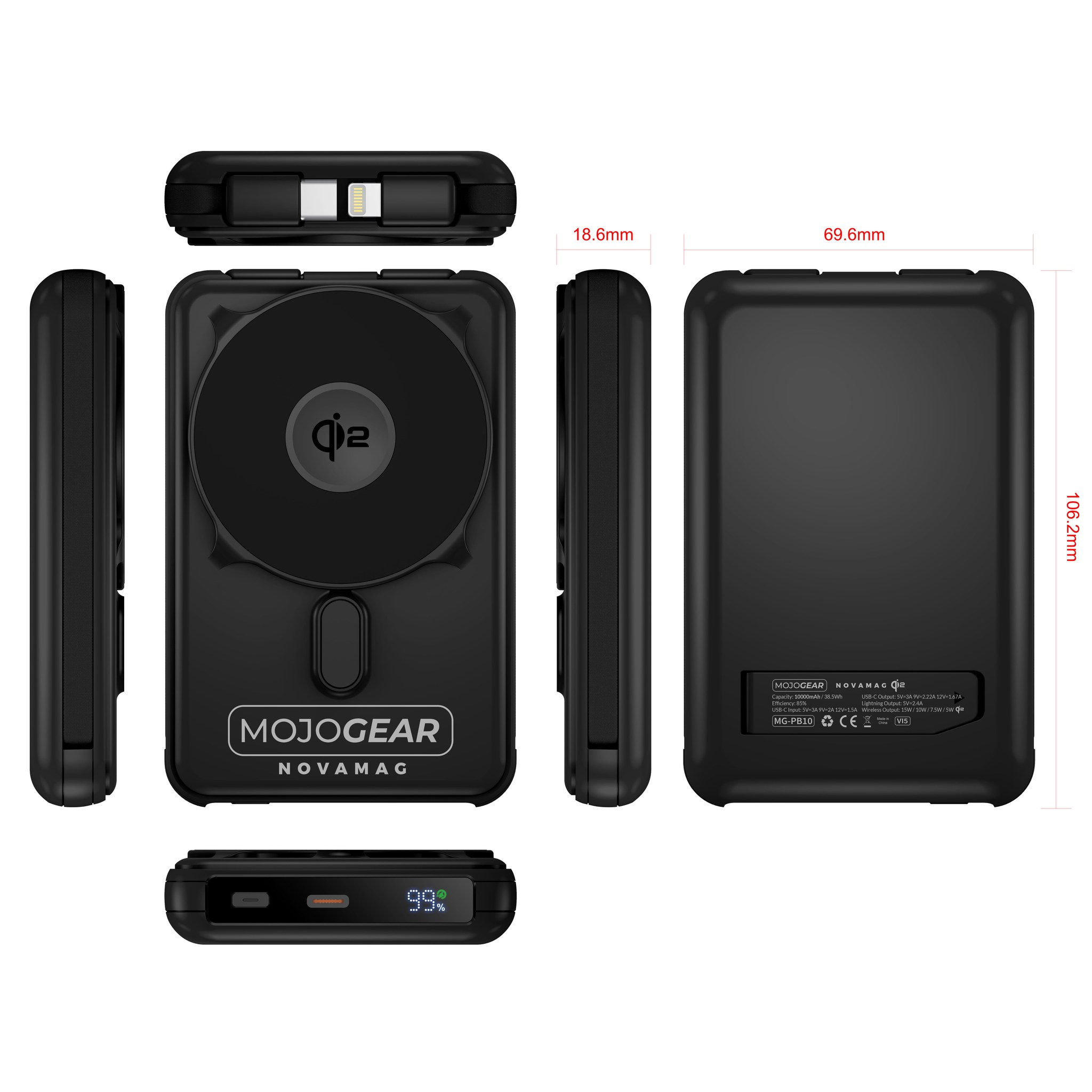 Technische Zeichnung einer schwarzen MojoGear Novamag Powerbank aus verschiedenen Blickwinkeln.