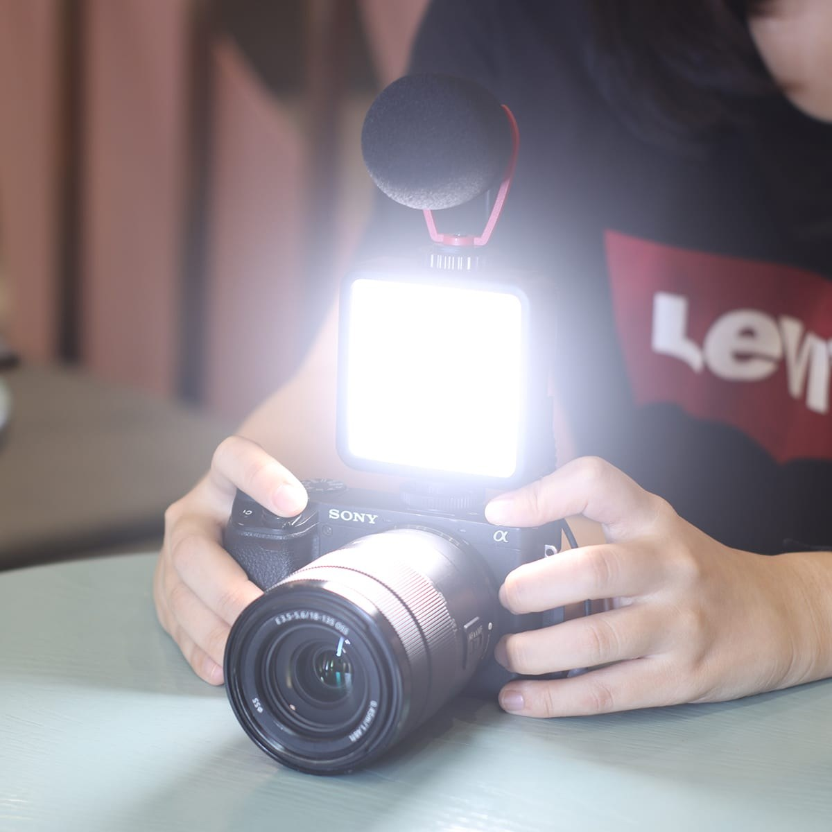Una persona sostiene una cámara Sony negra con luz brillante y micrófono encima, sobre una mesa.