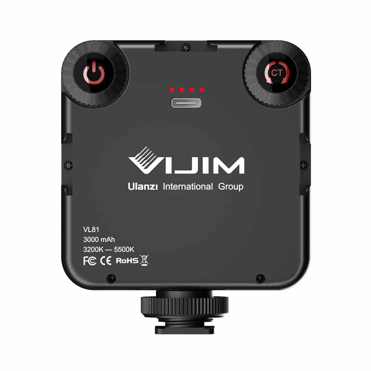 Luz de video LED negra con dos diales, indicador de batería, puerto USB-C y logotipo de VIJIM en la parte posterior.
