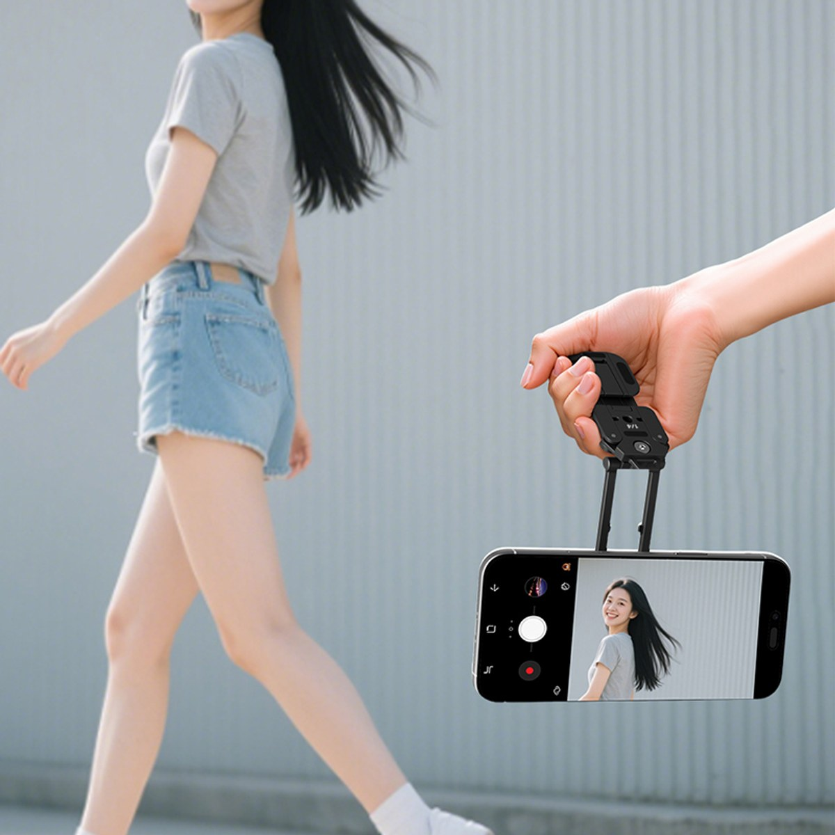 Eine Hand hält einen Smartphone-Halter, der ein Bild einer laufenden Frau auf dem Display zeigt.