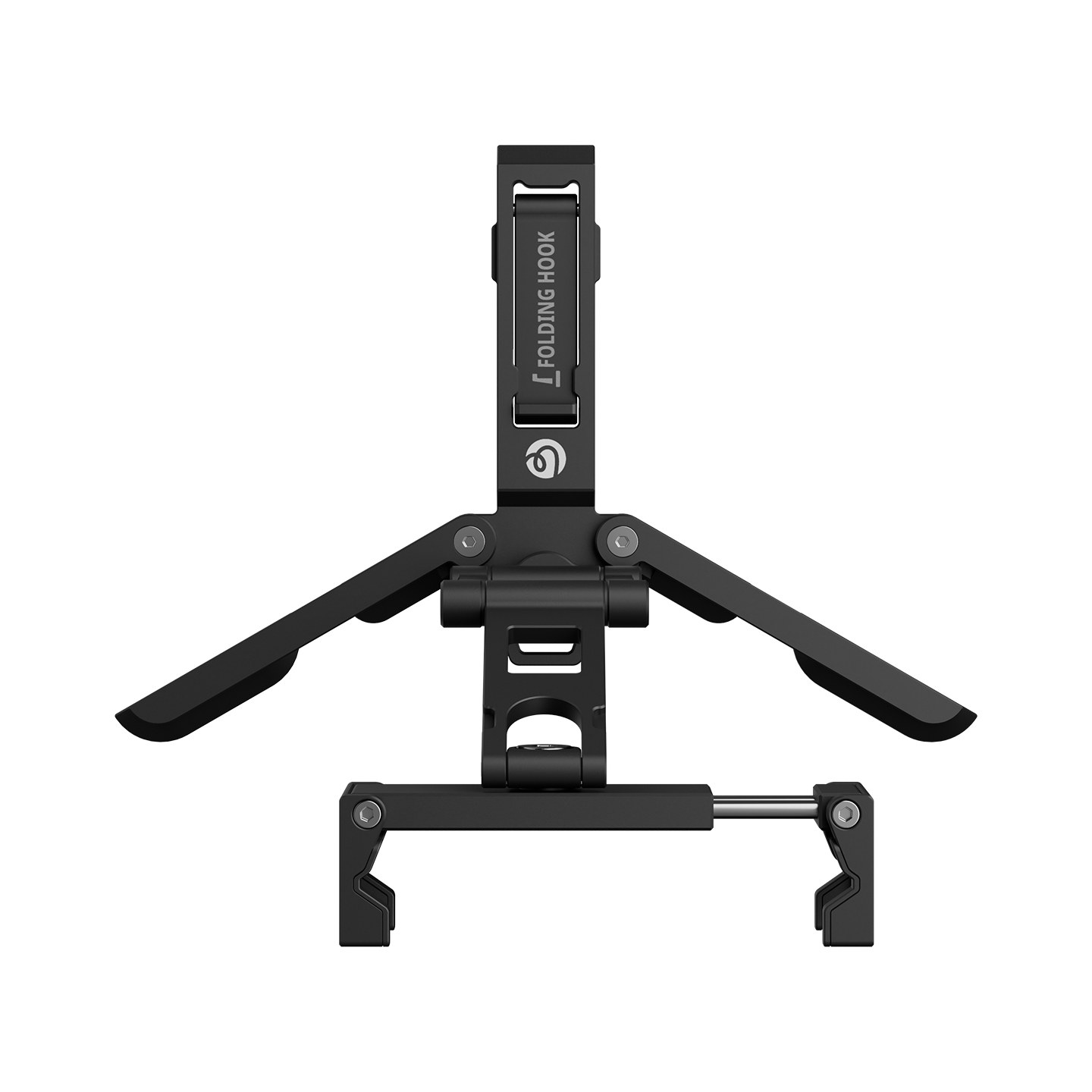 Eine schwarze Falthaken-Handyhalterung für Lenker mit Scharnieren und Klemmechanismus.