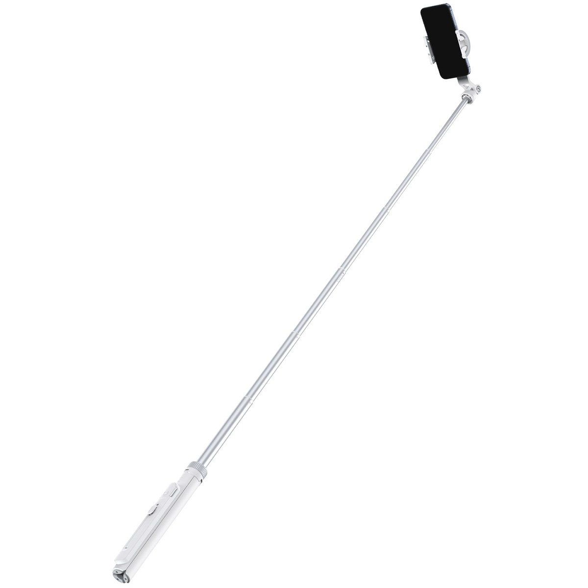 Un palo selfie blanco con barra extensible de metal sosteniendo un smartphone negro sobre fondo blanco.
