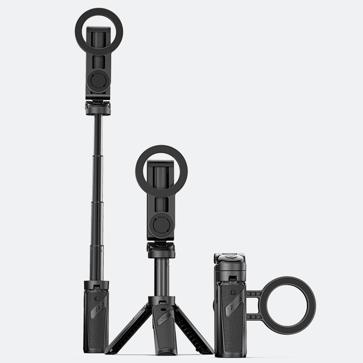 Tres soportes negros para teléfonos con anillos integrados a varias alturas.