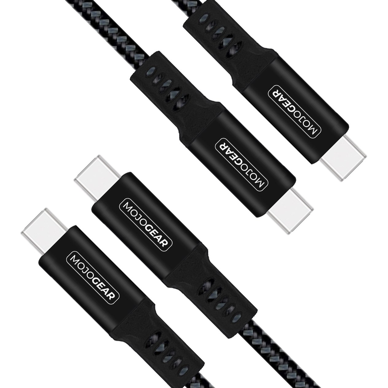 Vier schwarze MojoGear USB-C-Kabel mit geflochtenen Schnüren und Markenlogo auf den Steckern vor weißem Hintergrund.