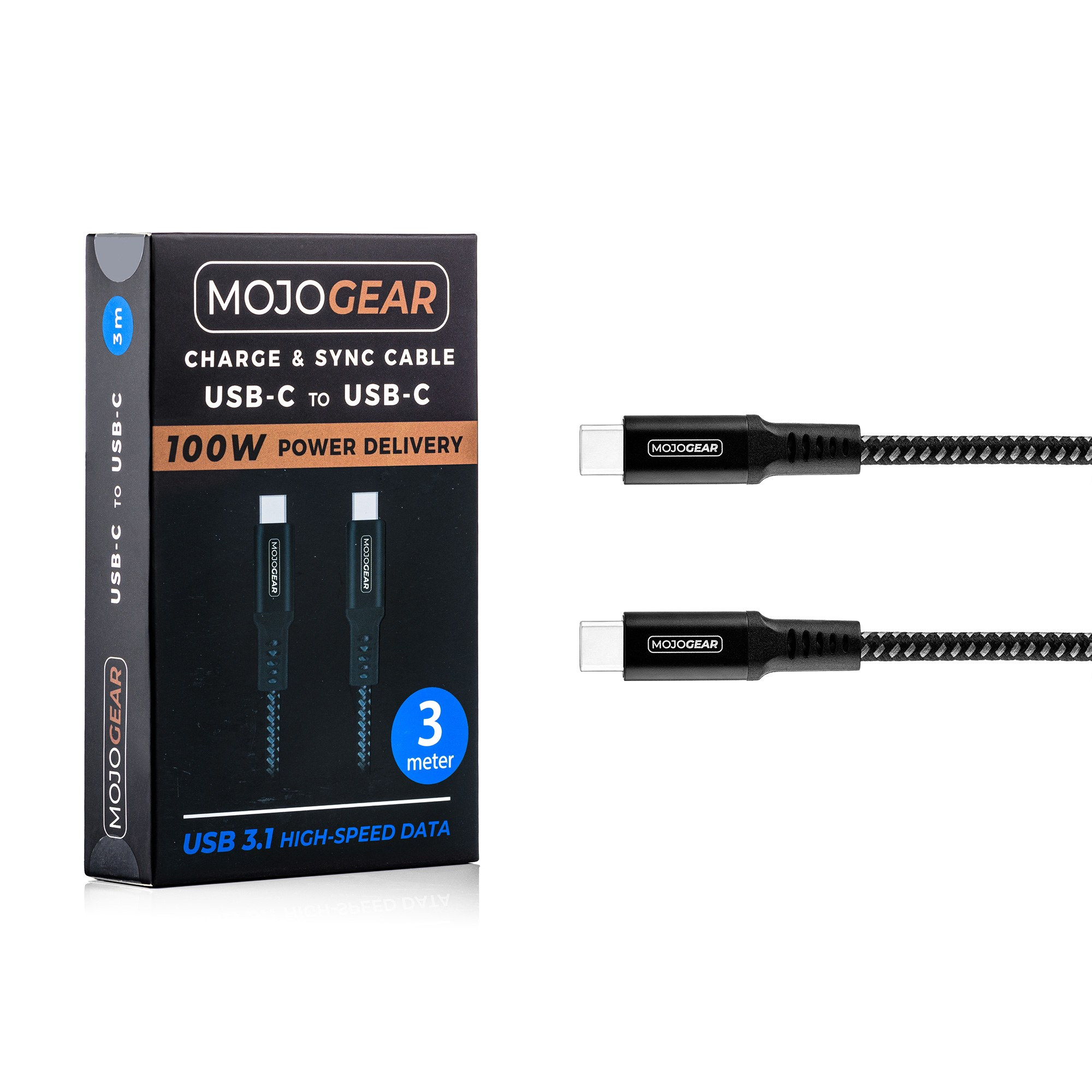 MojoGear USB-C zu USB-C Ladekabel, 3 Meter lang, mit Verpackungsschachtel.