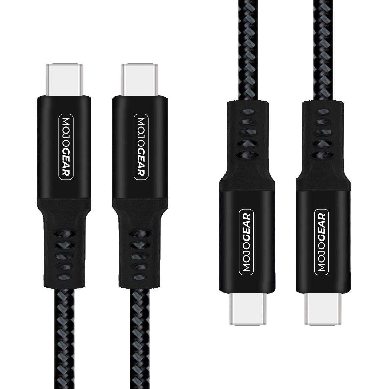 Zwei schwarze Mojogear USB-C-Kabel mit geflochtenen Schnüren vor weißem Hintergrund.