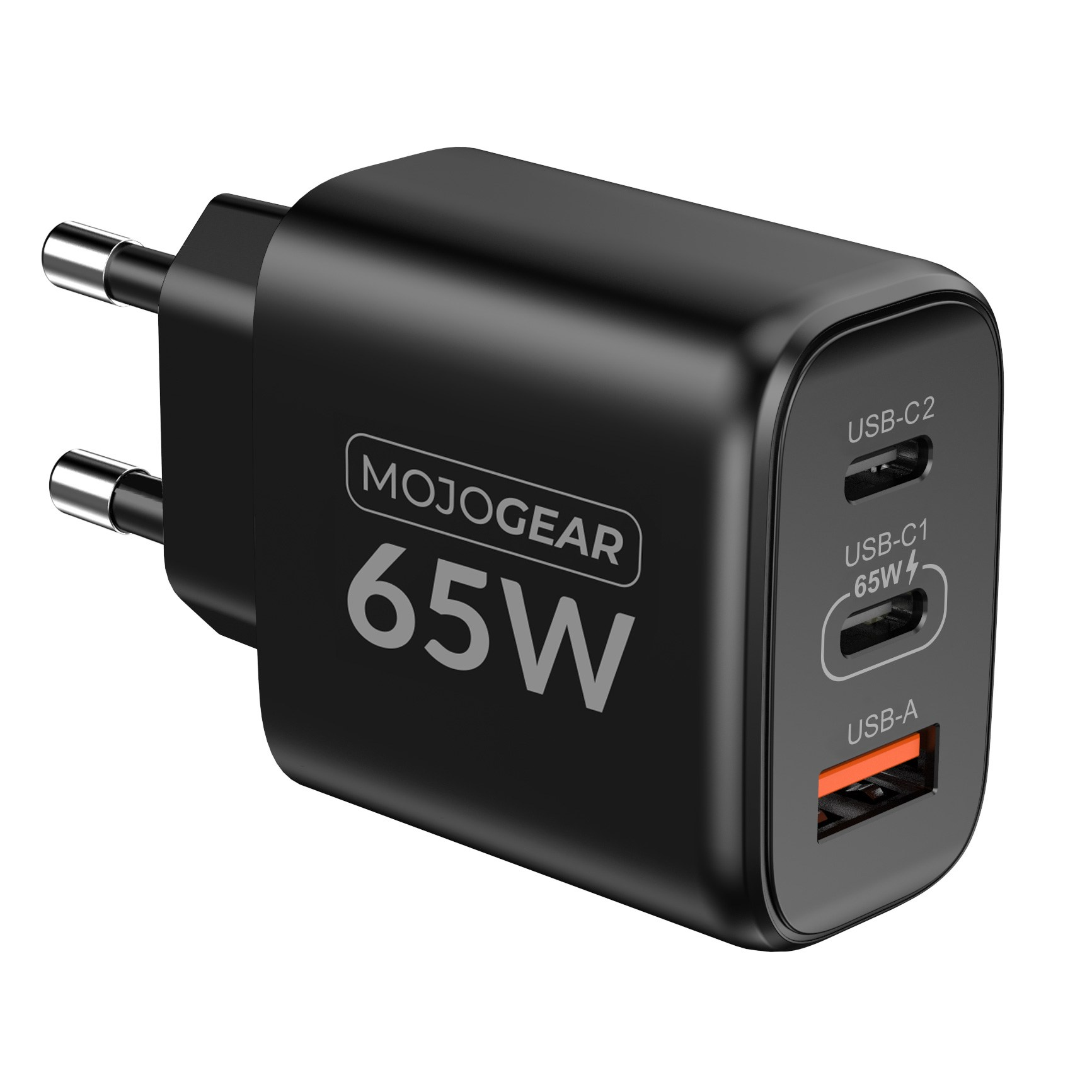 Black 65W USB wall charger featuring two USB-C ports and one USB-A port, on a white background.