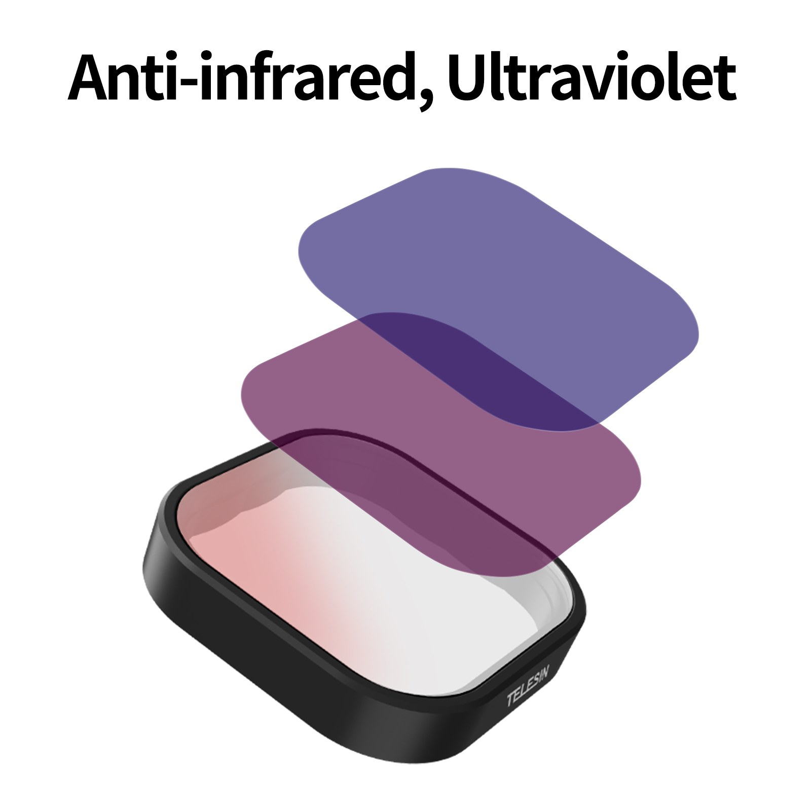 A Telesin camera filter with two floating violet layers and the text Anti-infrared, Ultraviolet.