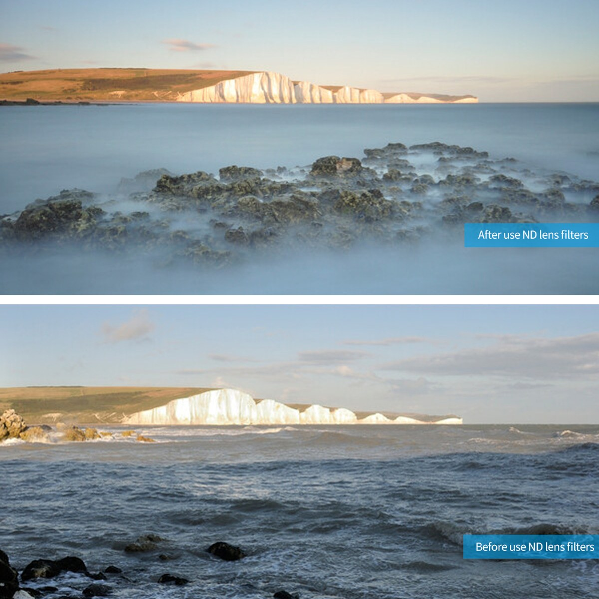 Comparison of a coastal scene with cliffs: top with ND filter making water smooth, bottom normal waves.
