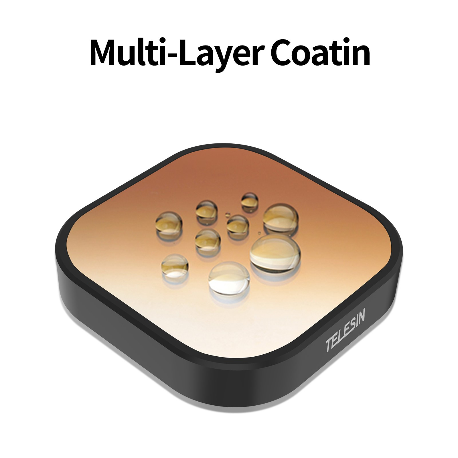 Water droplets rest on a square Telesin lens filter with a gradient orange and black frame, featuring multi-layer coating.