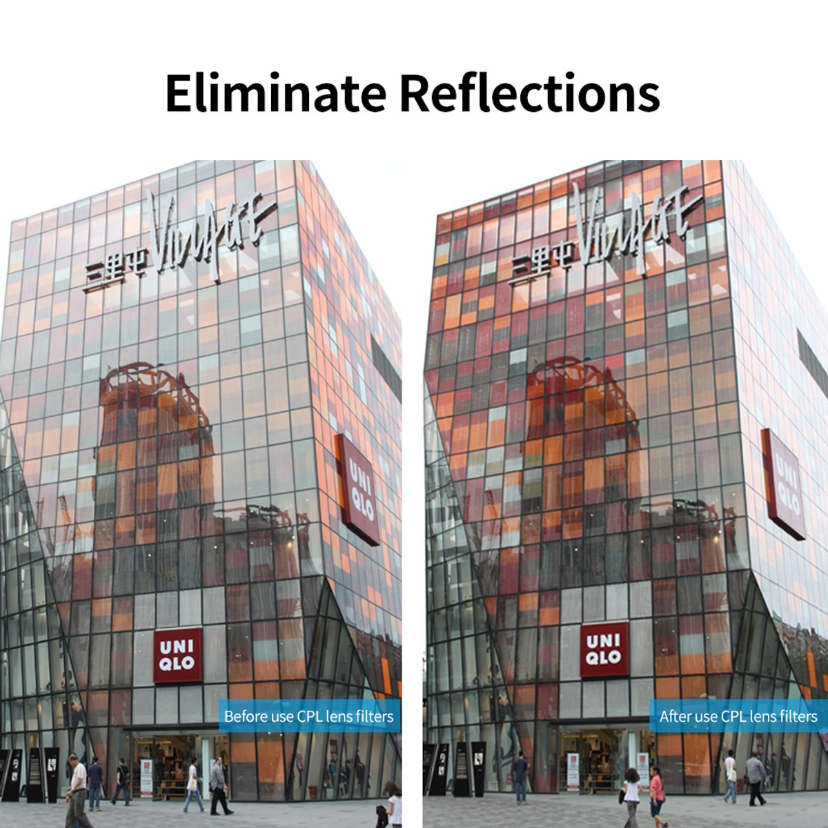 Comparison of a modern building with reflections on the left and without reflections after using a CPL filter on the right.