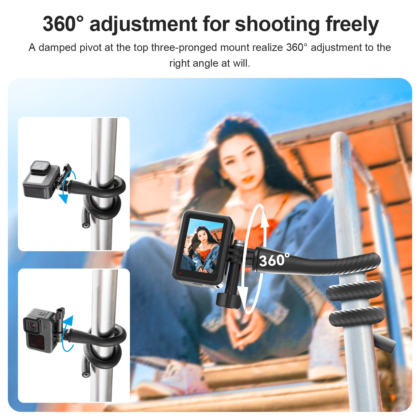 Een flexibele camerasteun maakt 360 graden rotatie op palen mogelijk, gedemonstreerd met een actiecamera.