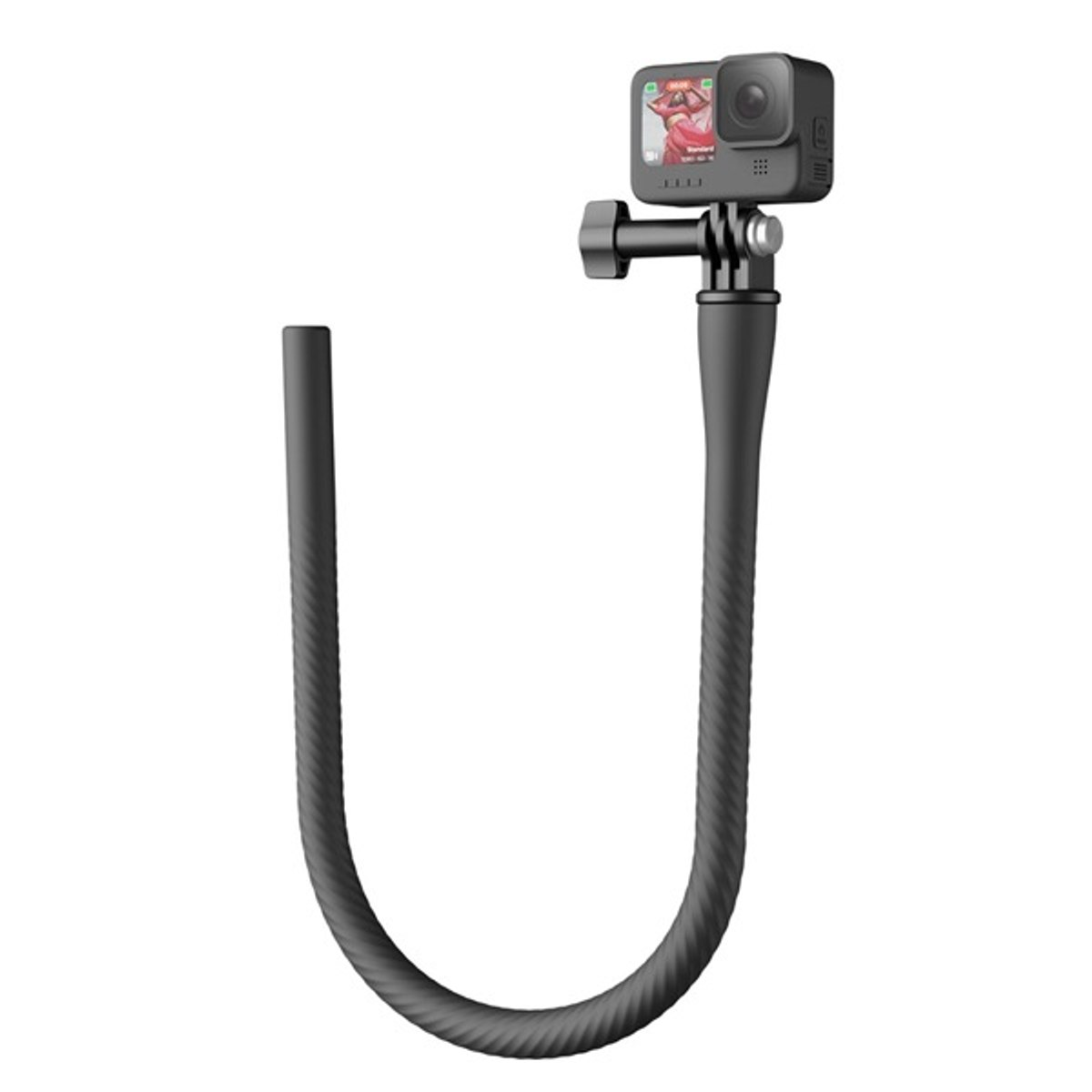Een zwarte actiecamera is bevestigd aan een flexibele, gebogen arm op een witte achtergrond.