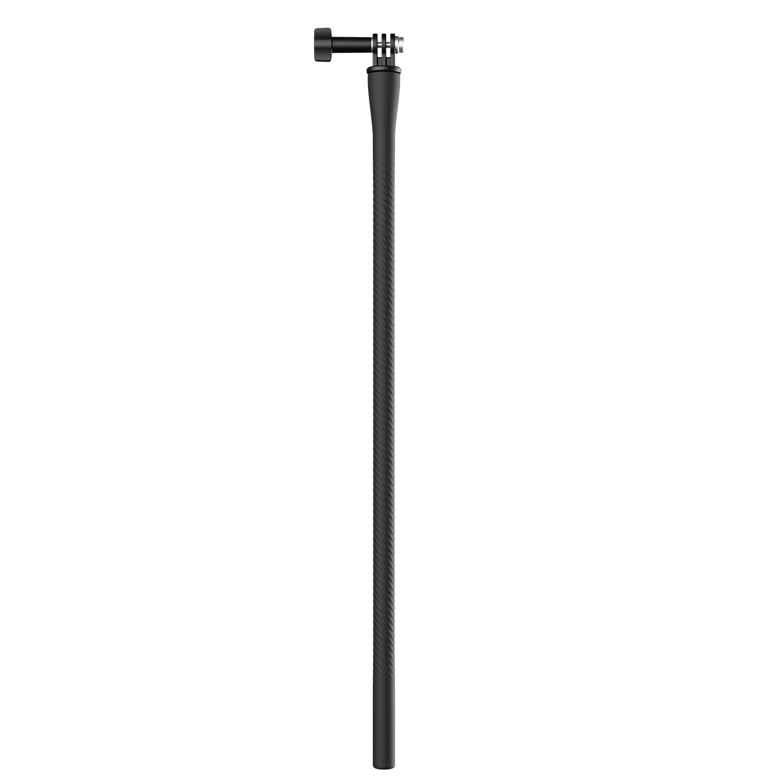 Een zwarte selfie-stick met getextureerde handgreep en houder tegen een witte achtergrond.