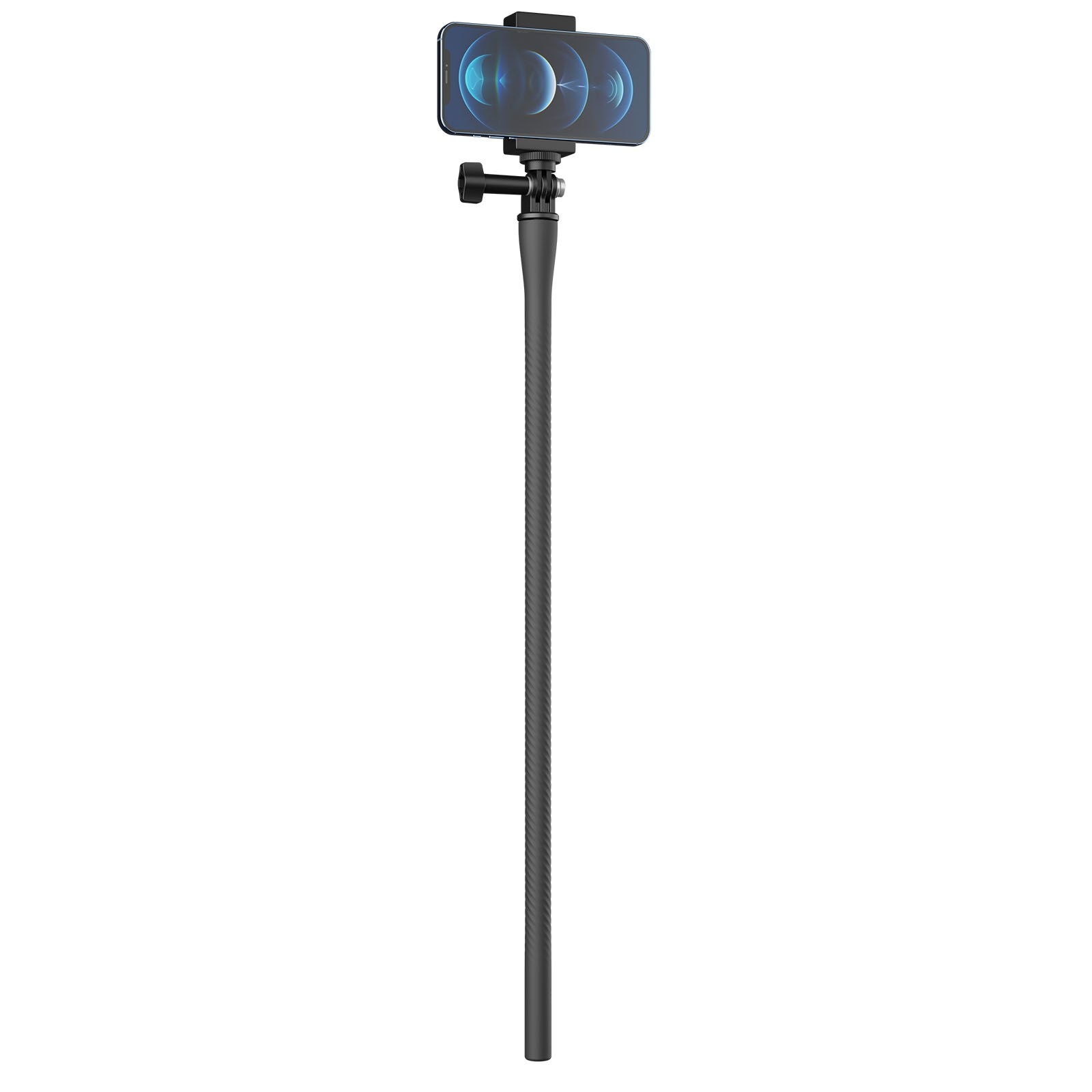 Een zwarte selfie-stick met een getextureerde stok houdt een smartphone met een blauw scherm vast.
