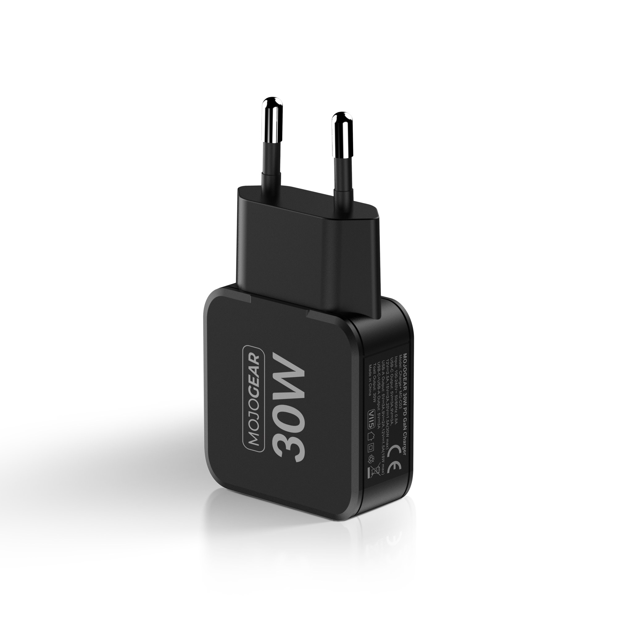 A black Mojogear 30W wall charger with two round metal prongs against a white background.