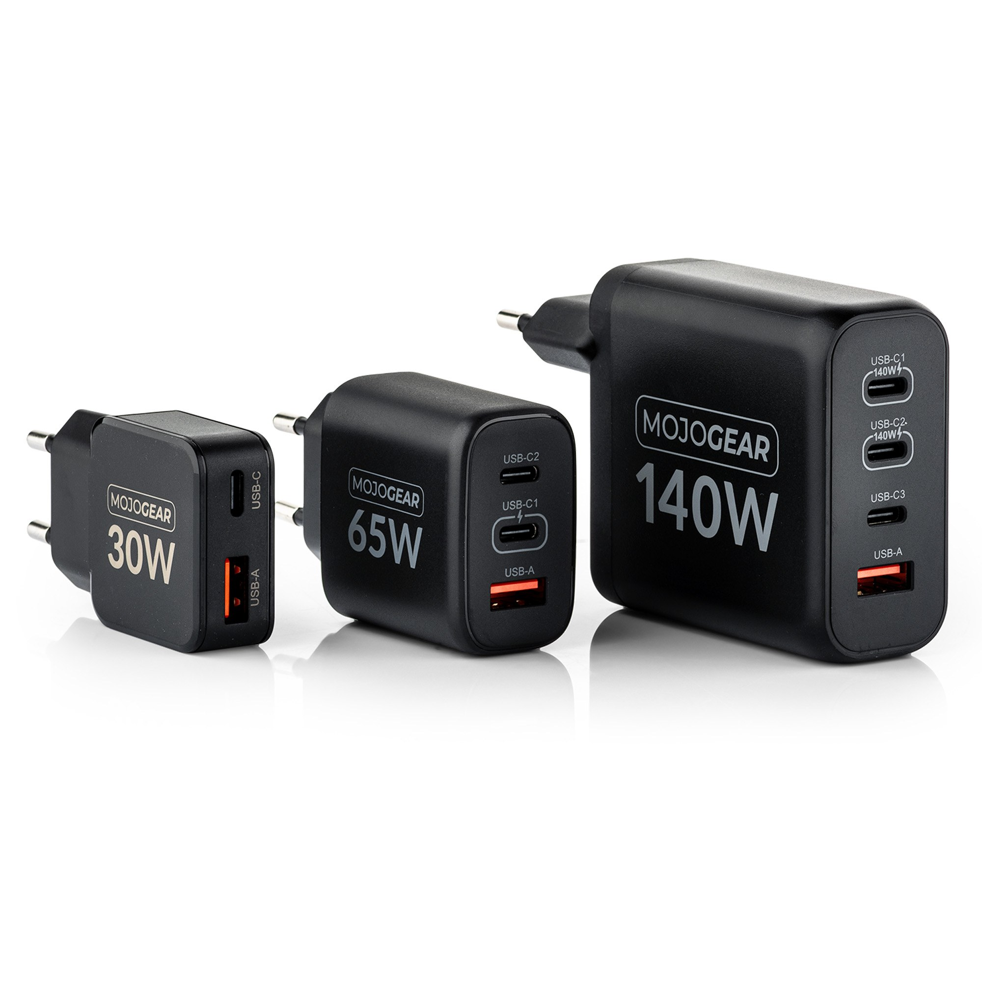 Three black Mojogear wall chargers rated at 30W, 65W, and 140W lined up on a white surface.