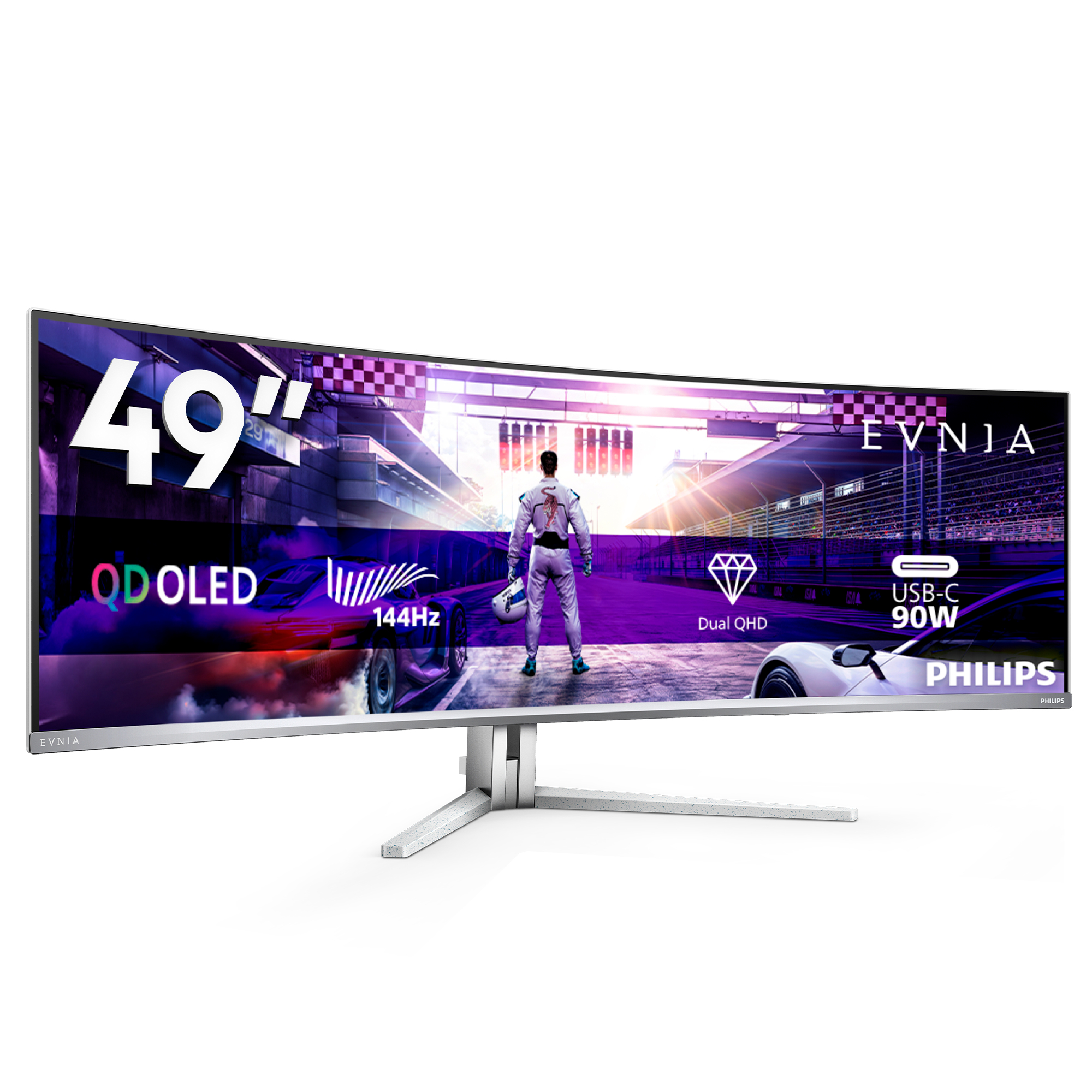 Ein breiter 49-Zoll-QD-OLED-Gaming-Monitor von Philips Evnia zeigt ein Rennspiel auf dem Bildschirm.