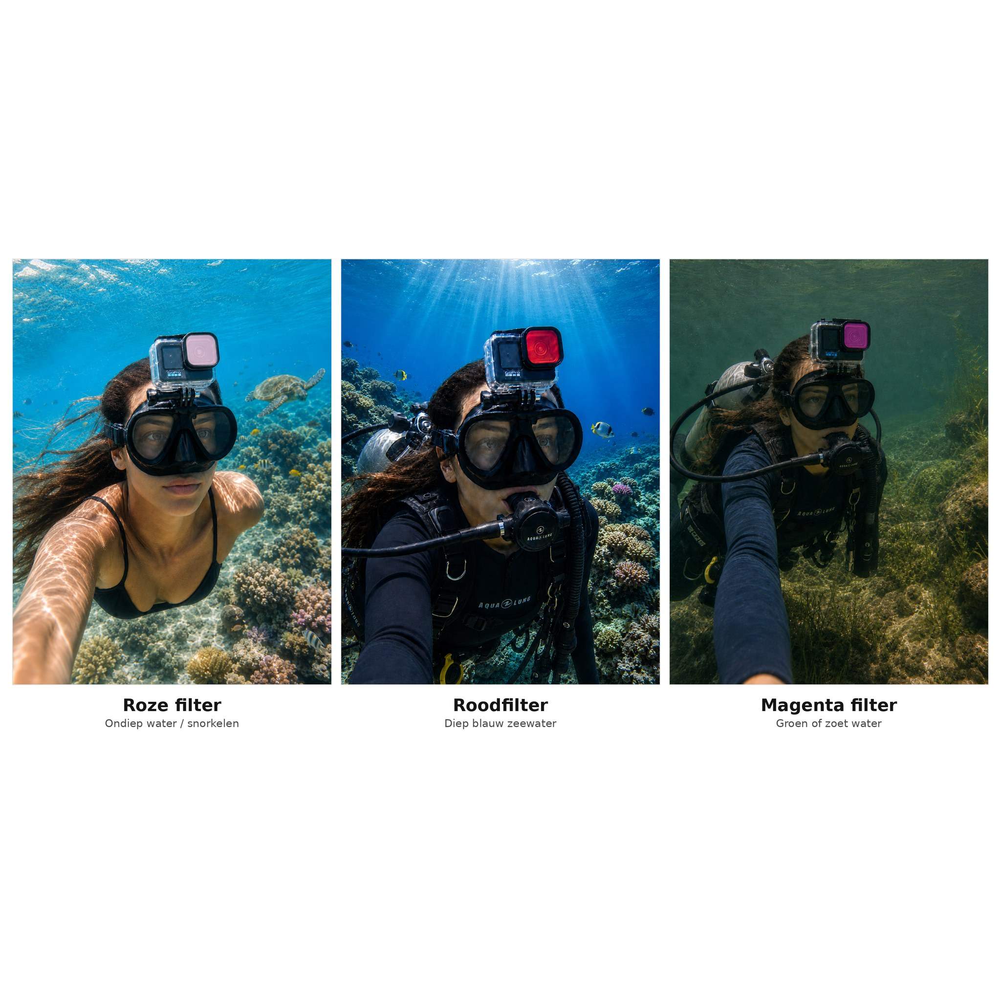 Drie onderwaterfoto's van een duiker met het kleureffect van roze, rode en magenta filters.