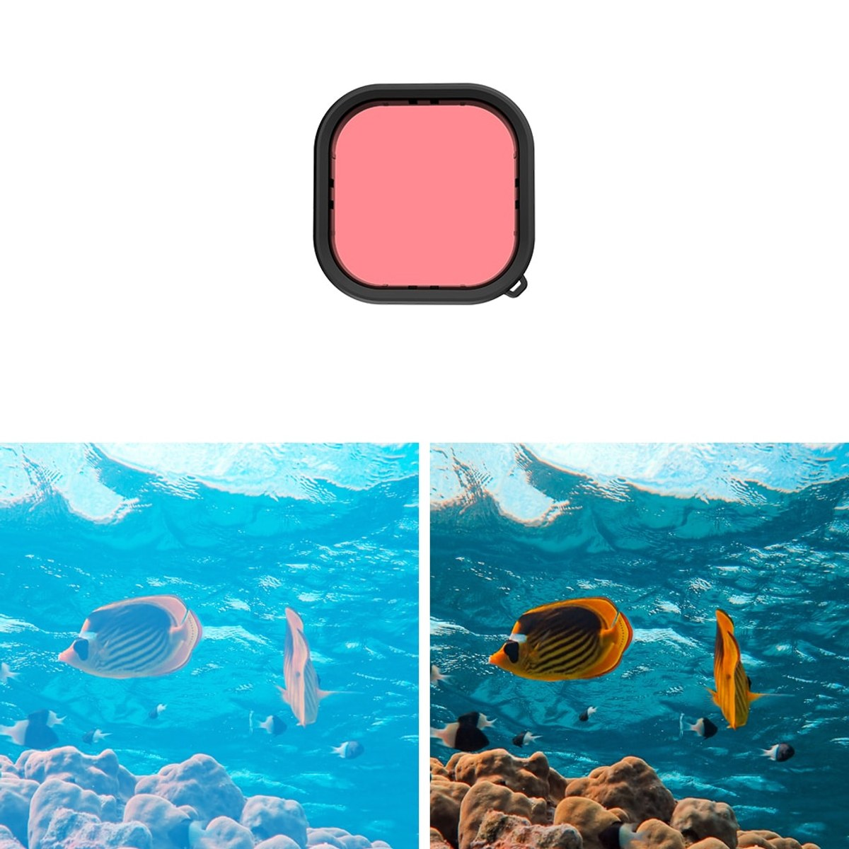 Een roze duikfilter voor de camera met een onderwaterbeeldvergelijking.