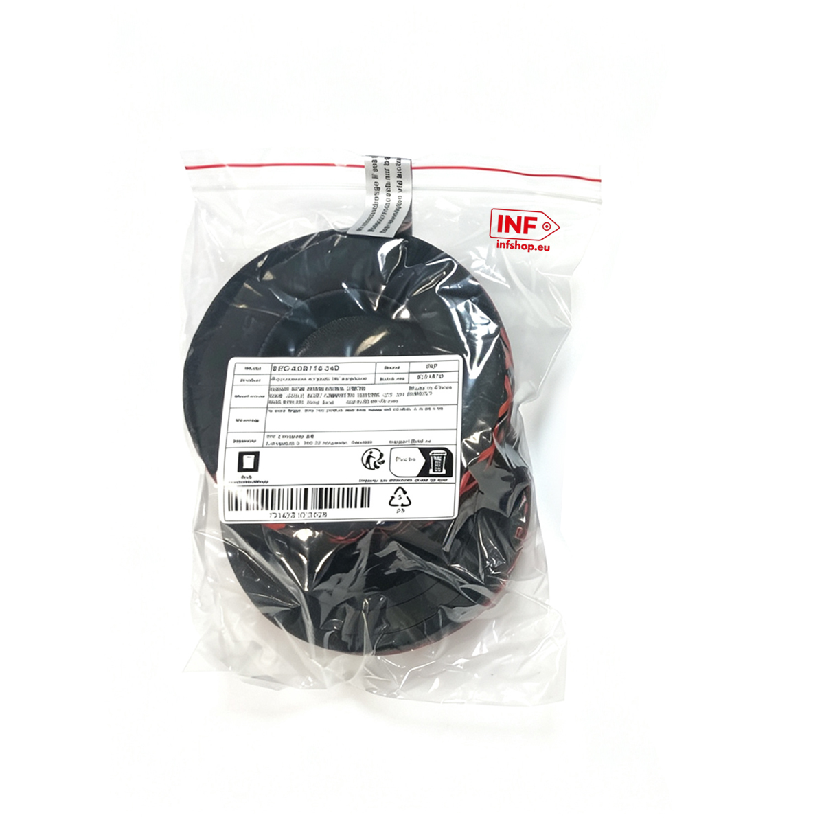 Zapasowe poduszki nauszne w szczelnej plastikowej torbie z etykietą produktu i czerwonym logo na białym tle.
