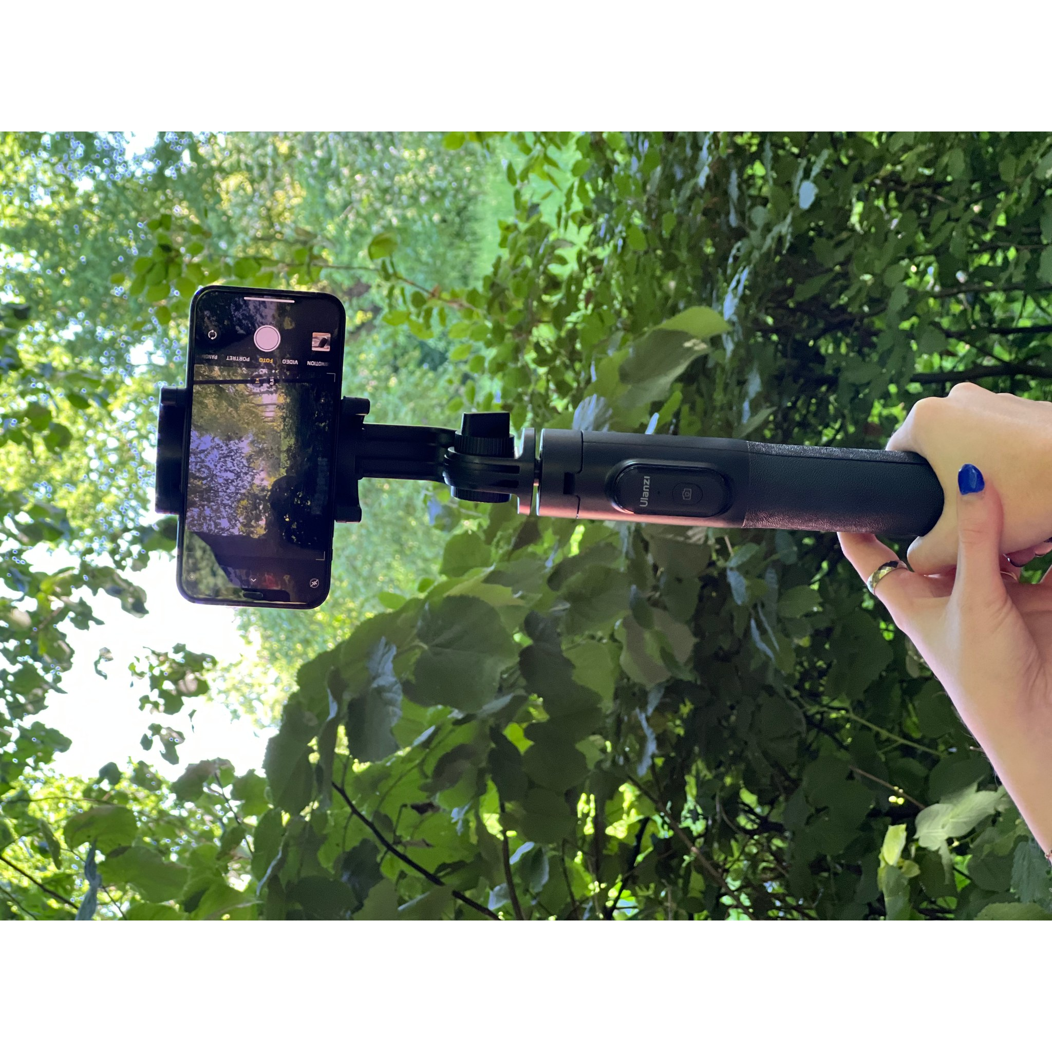 Une main tient une perche à selfie noire avec un smartphone monté, pointant vers une forêt verte.