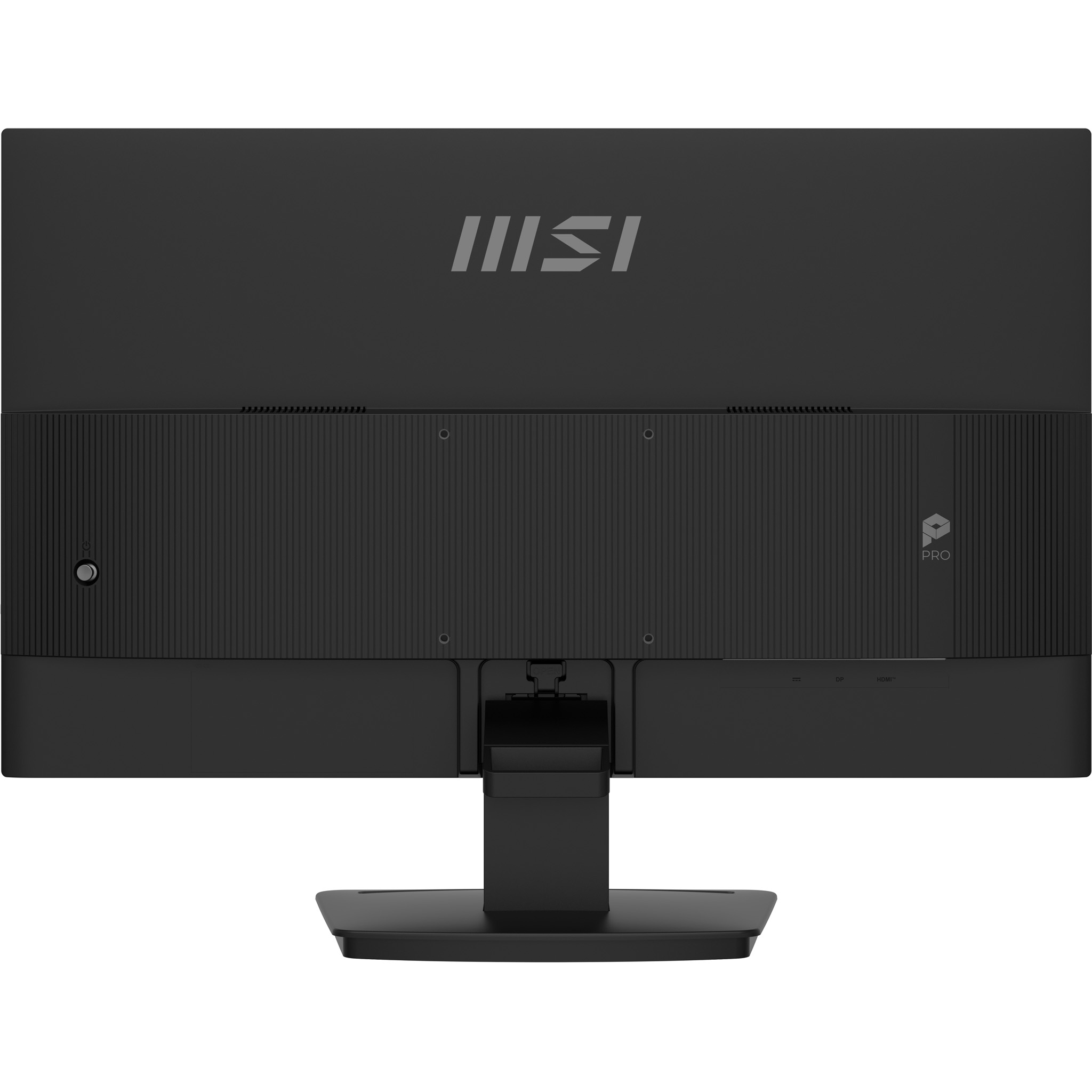 Rückansicht eines schwarzen MSI Pro Monitors mit Standfuß und VESA-Halterung.