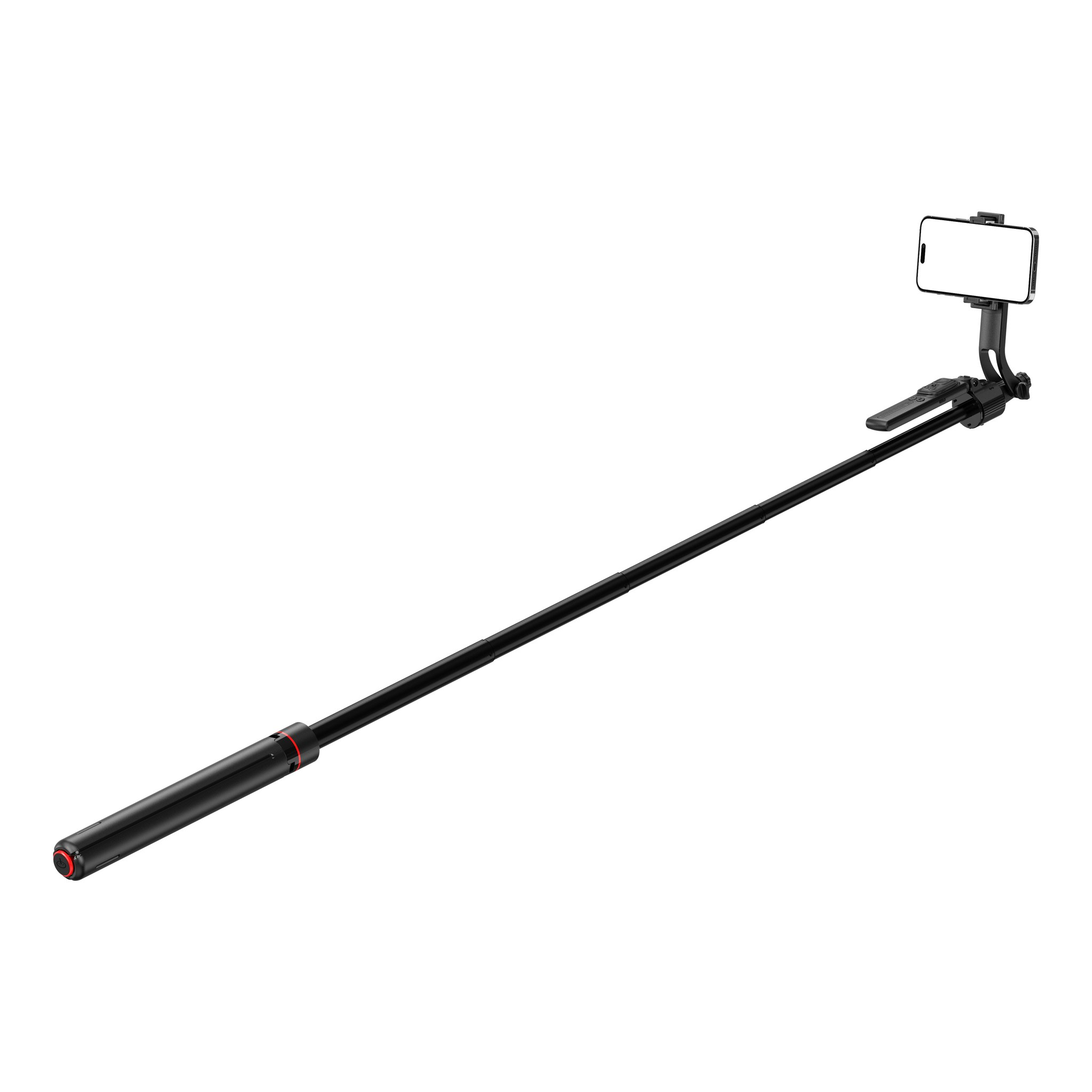 Een lange zwarte selfiestick met een smartphone erop tegen een witte achtergrond.