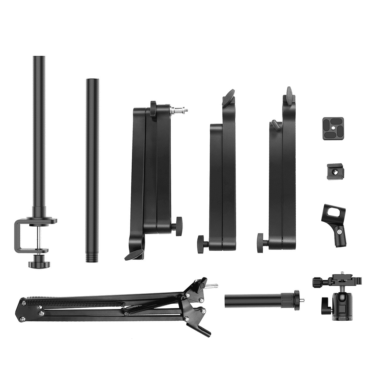Diverses pièces métalliques noires et bras d'un support réglable sur fond blanc.