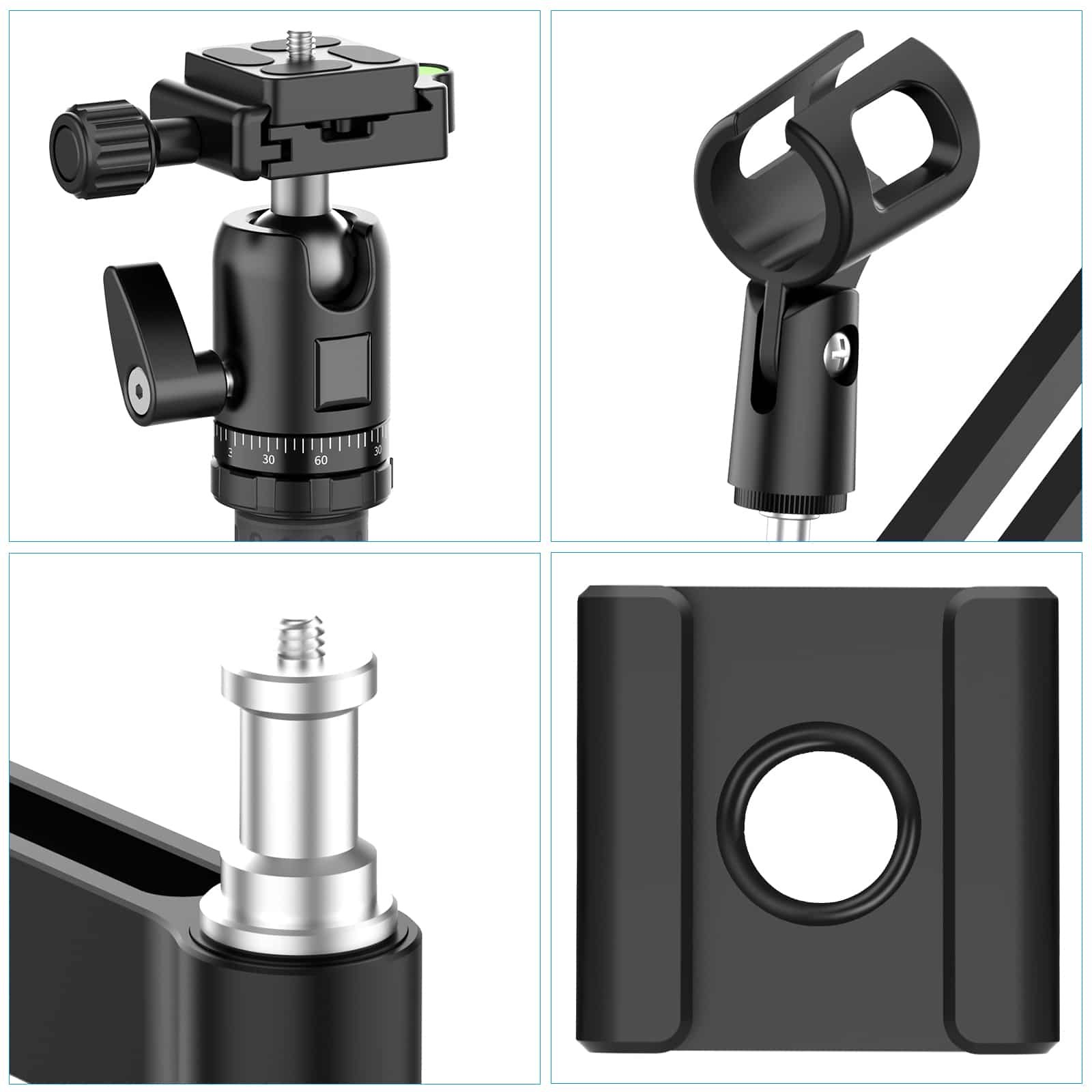 Quatre prises de vue d'accessoires de caméra incluant une rotule de trépied, une pince, une vis et une plaque.