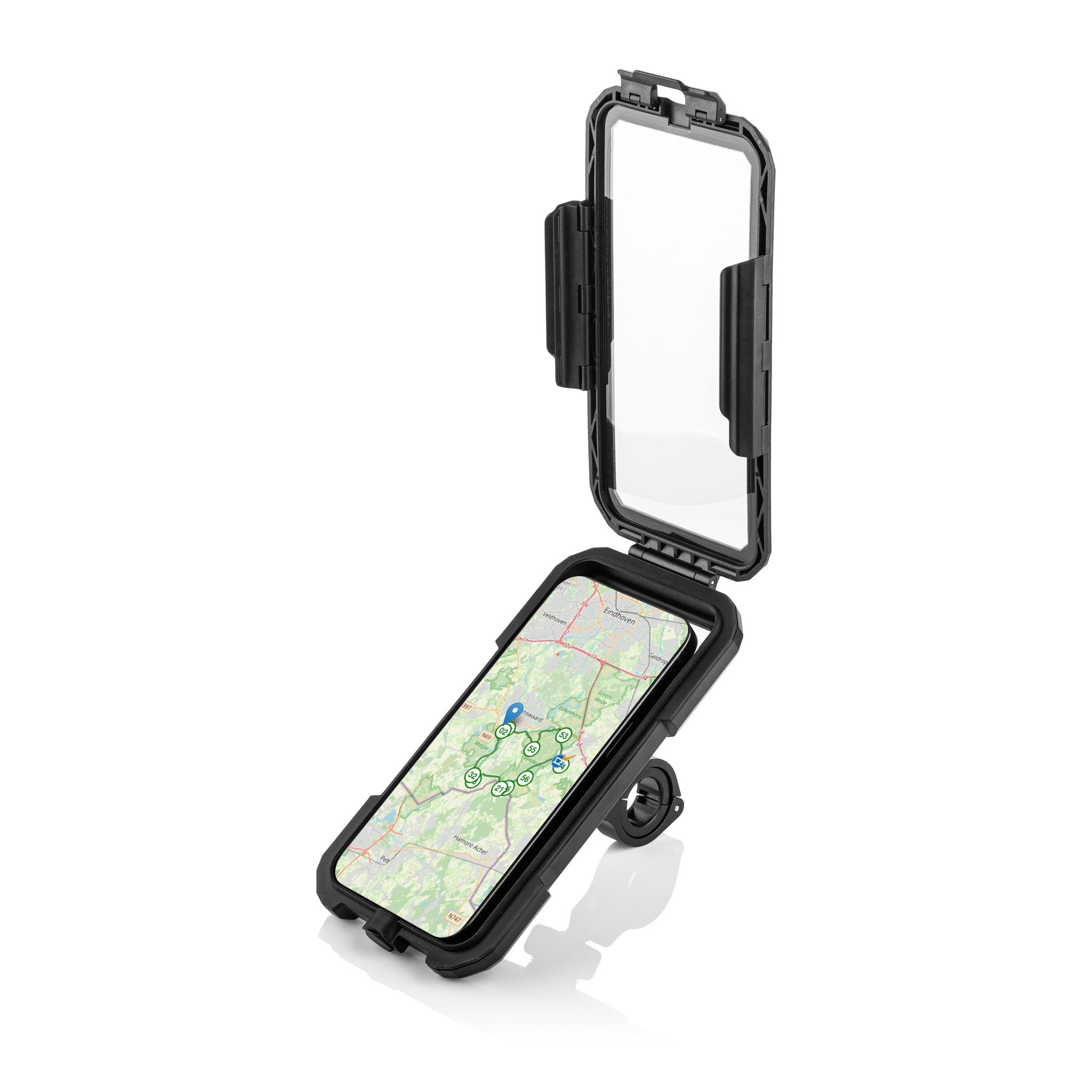 Étui pour smartphone de vélo noir ouvert affichant une navigation cartographique sur fond blanc.