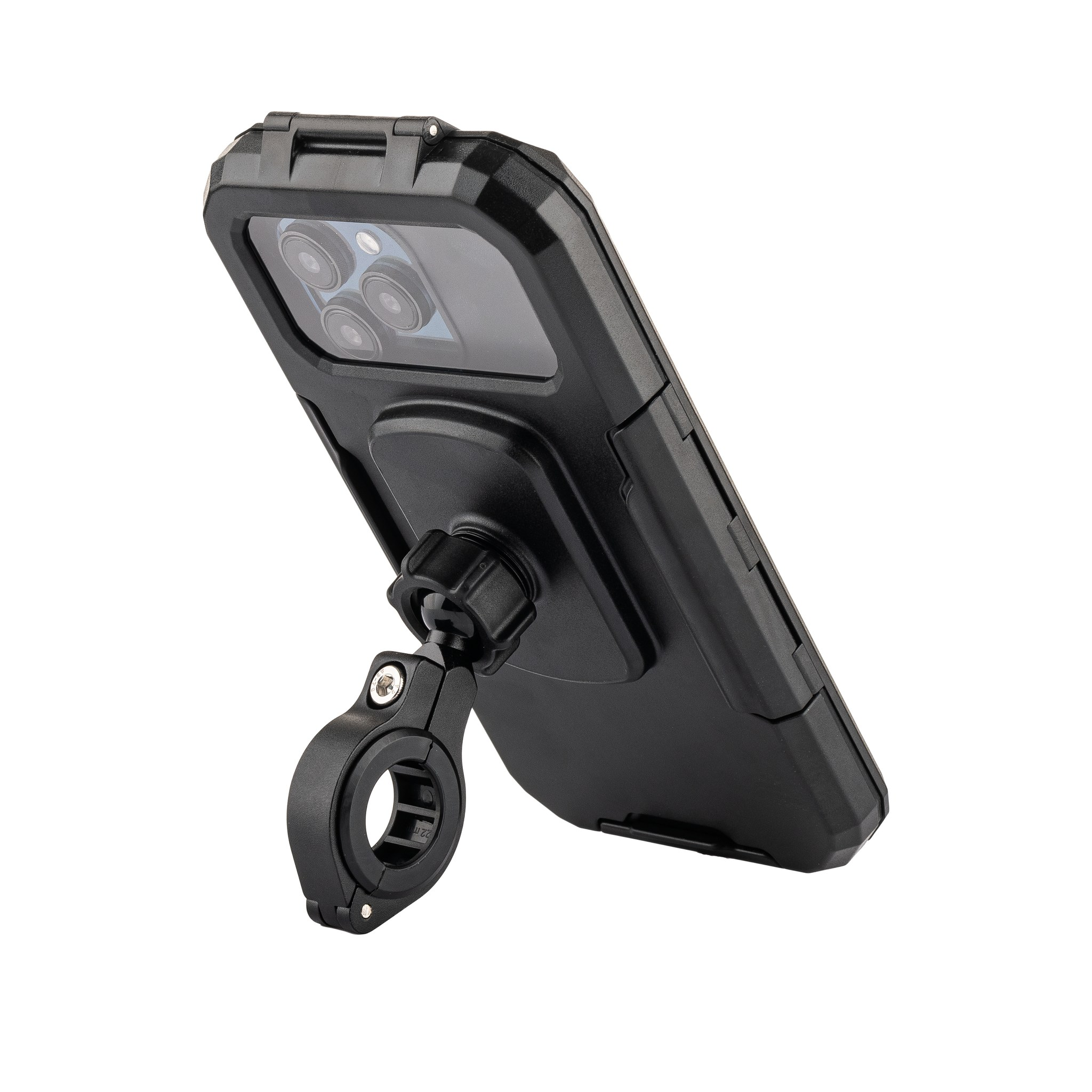 Coque de protection noire avec support de guidon intégré sur fond blanc.