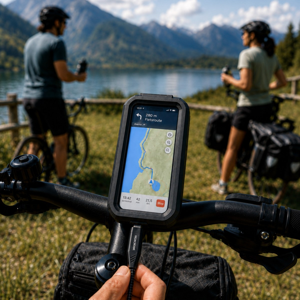 Un téléphone sur un guidon montre un plan, avec deux cyclistes et un lac en arrière-plan.