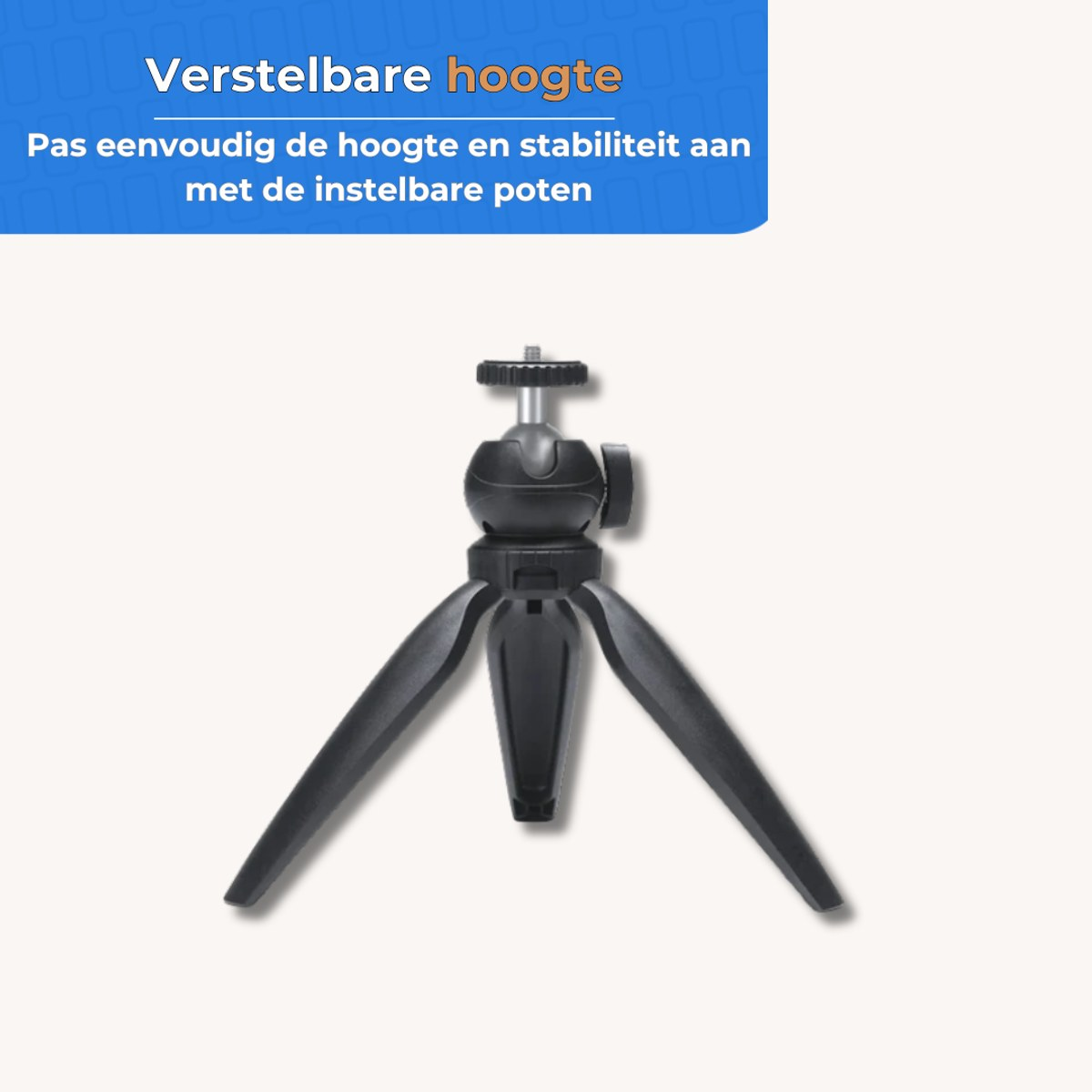 Petit trépied de table noir avec rotule et pieds réglables.