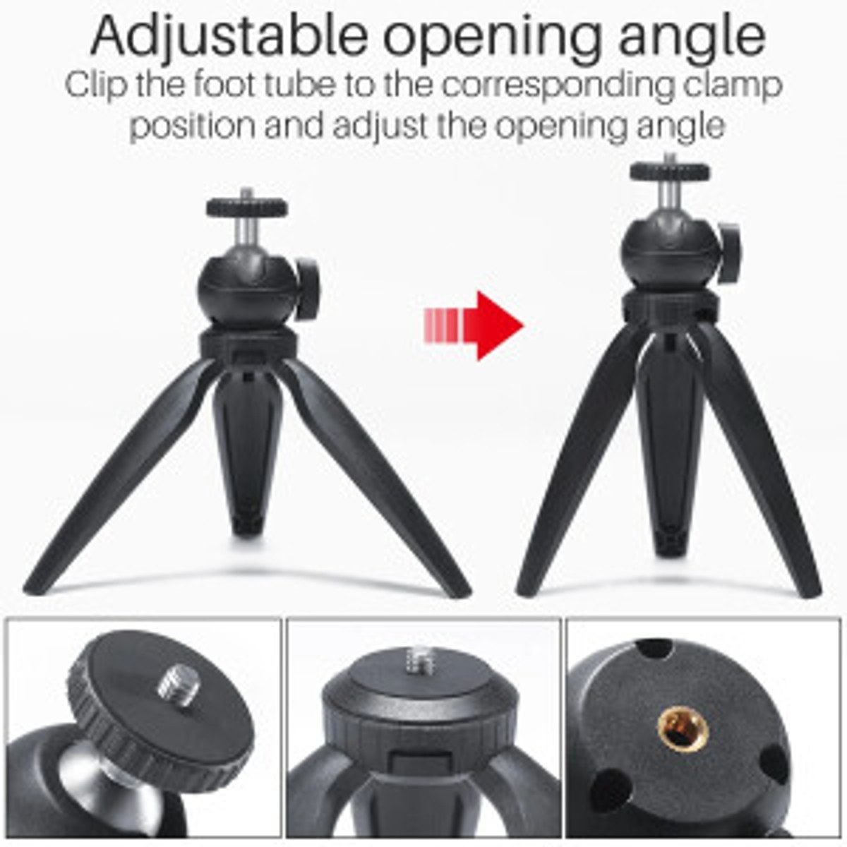 Un mini trépied noir montrant des angles de pieds réglables et les détails de sa vis.
