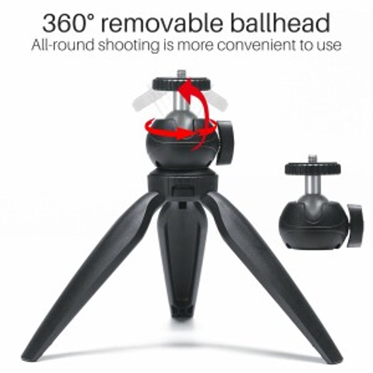 Mini trépied noir avec rotule à 360 degrés et flèches directionnelles rouges.