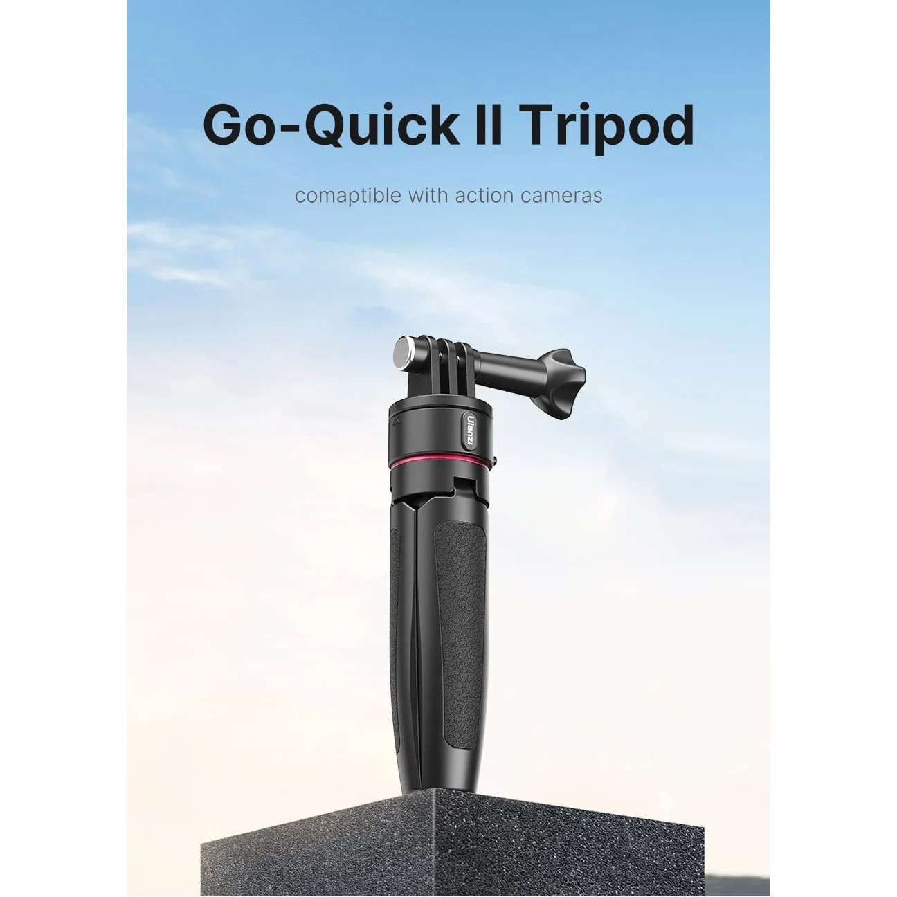 Treppiede Go-Quick II per action cam su base scura e cielo azzurro.