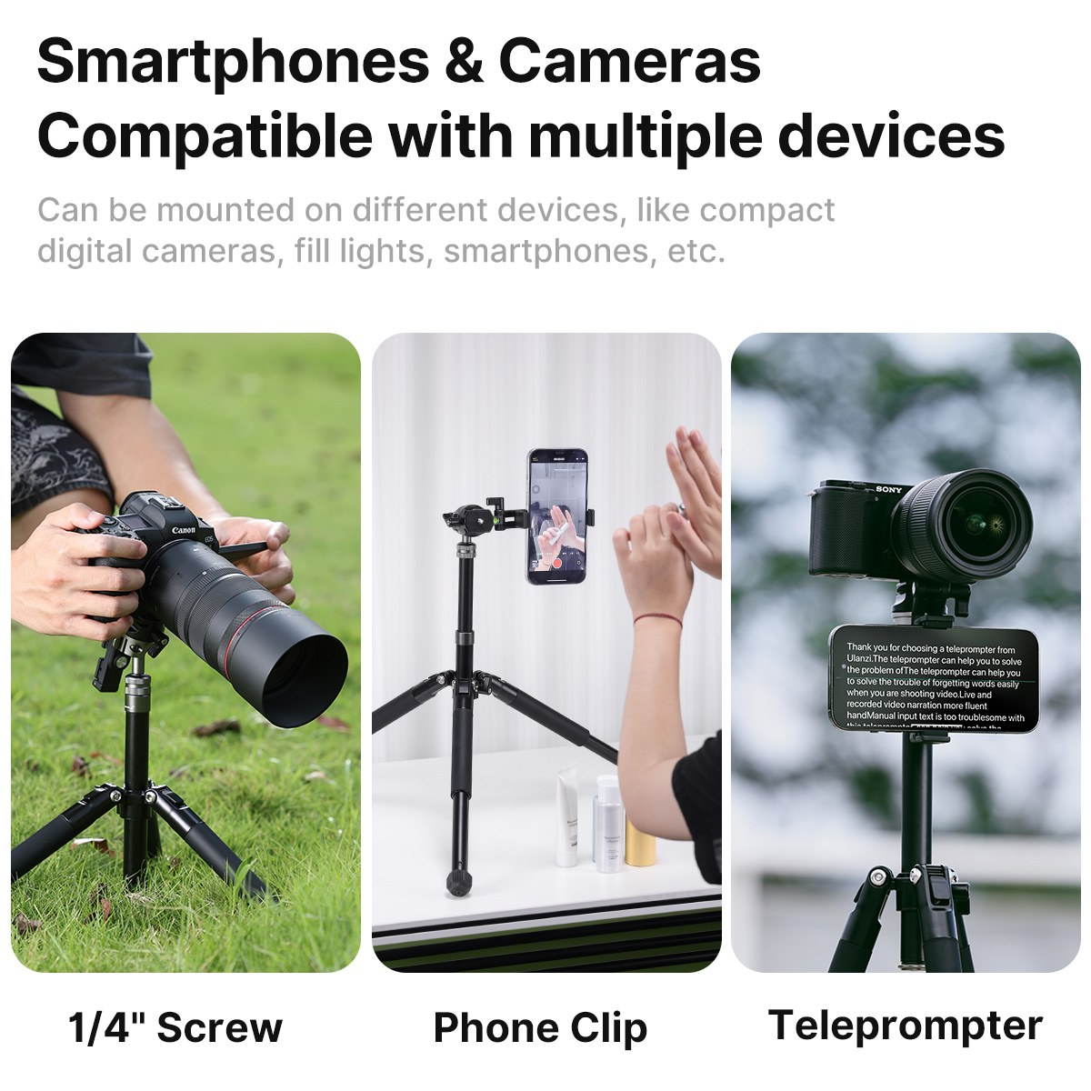 Compatible smartphones et caméras, montrant trois configurations avec vis, pince et téléprompteur.