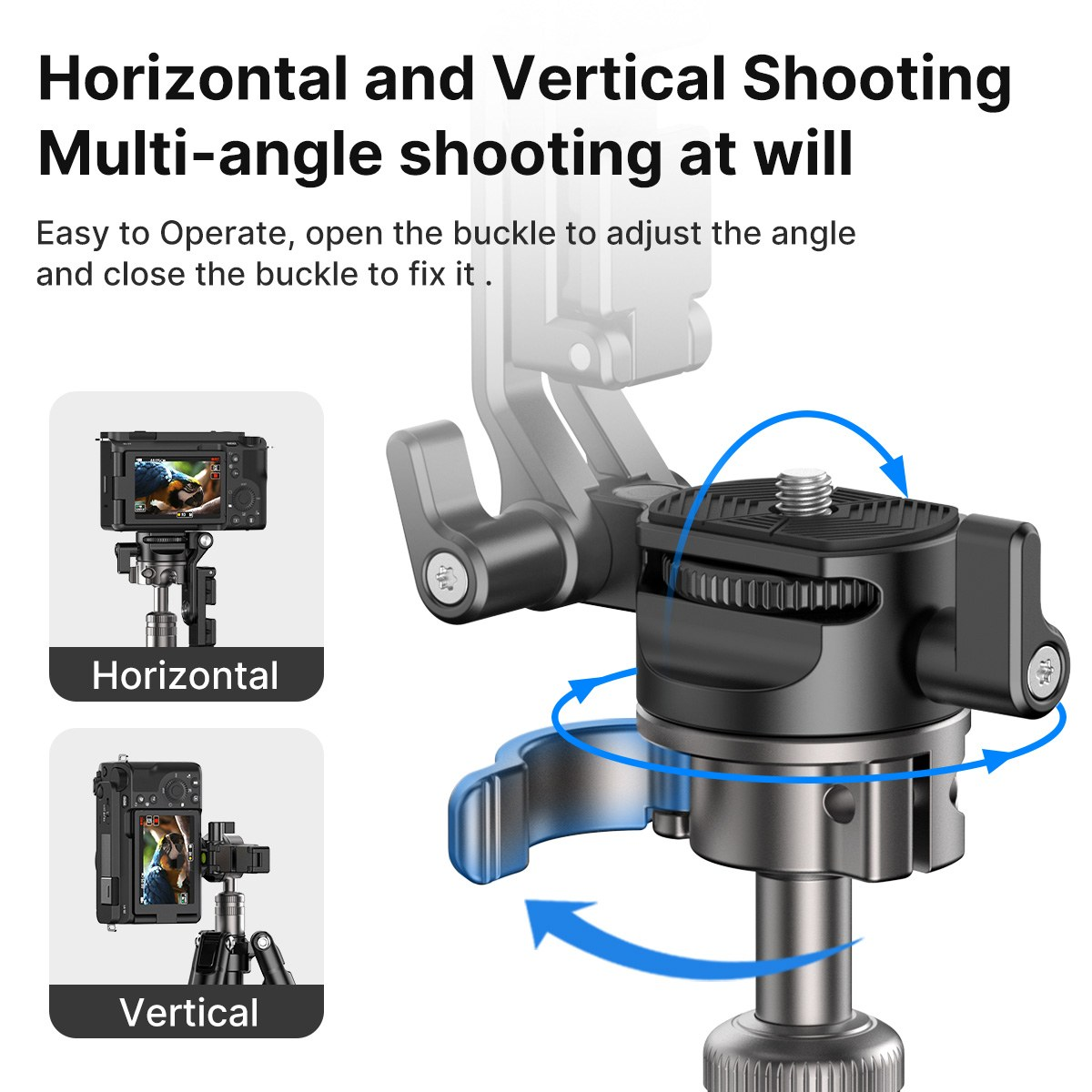 Le diagramme montre un support de trépied de caméra horizontal et vertical.