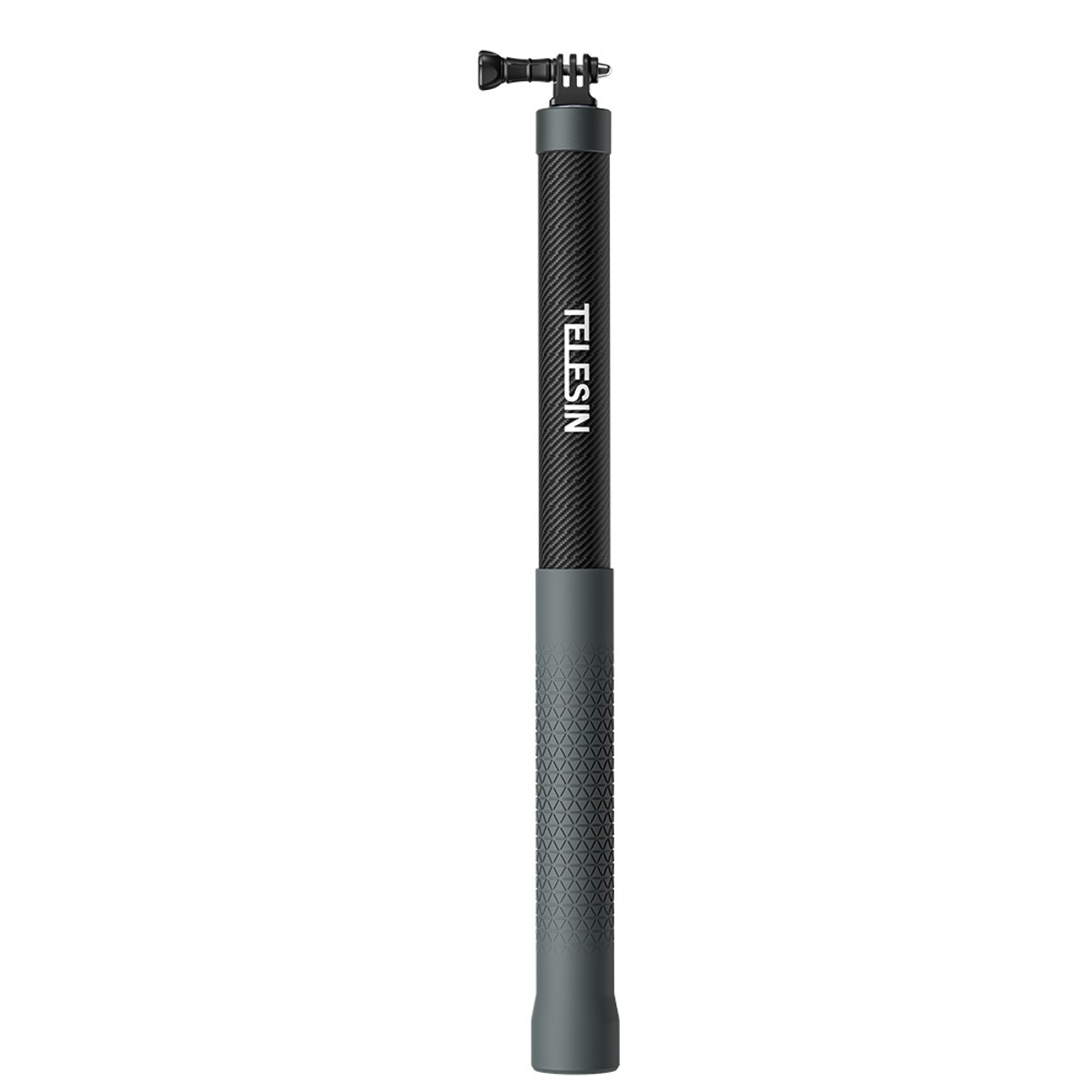 Een zwarte Telesin carbon selfie-stick met gestructureerde grijze handgreep.