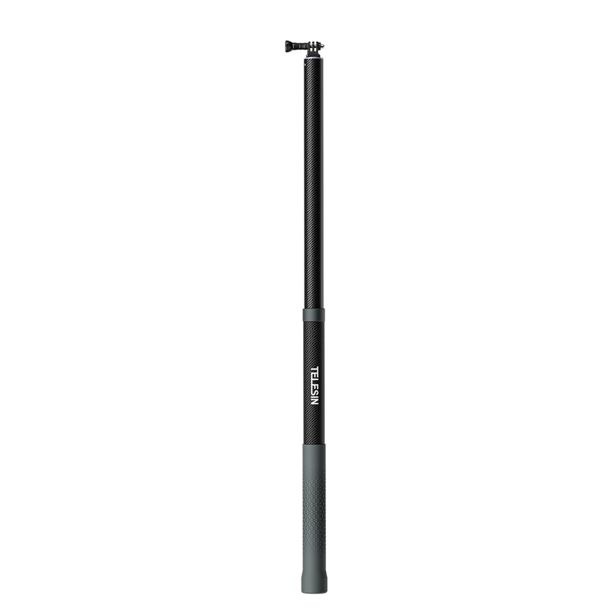 Een zwarte Telesin selfie stick staat verticaal op een witte achtergrond, met een getextureerde grip en camerabevestiging.