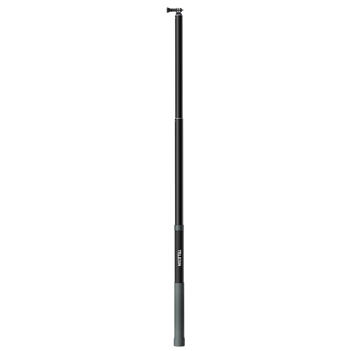 Lange, zwarte Telesin selfie-stick van koolstofvezel met een mount boven en een getextureerde grip onder op een witte achtergrond.