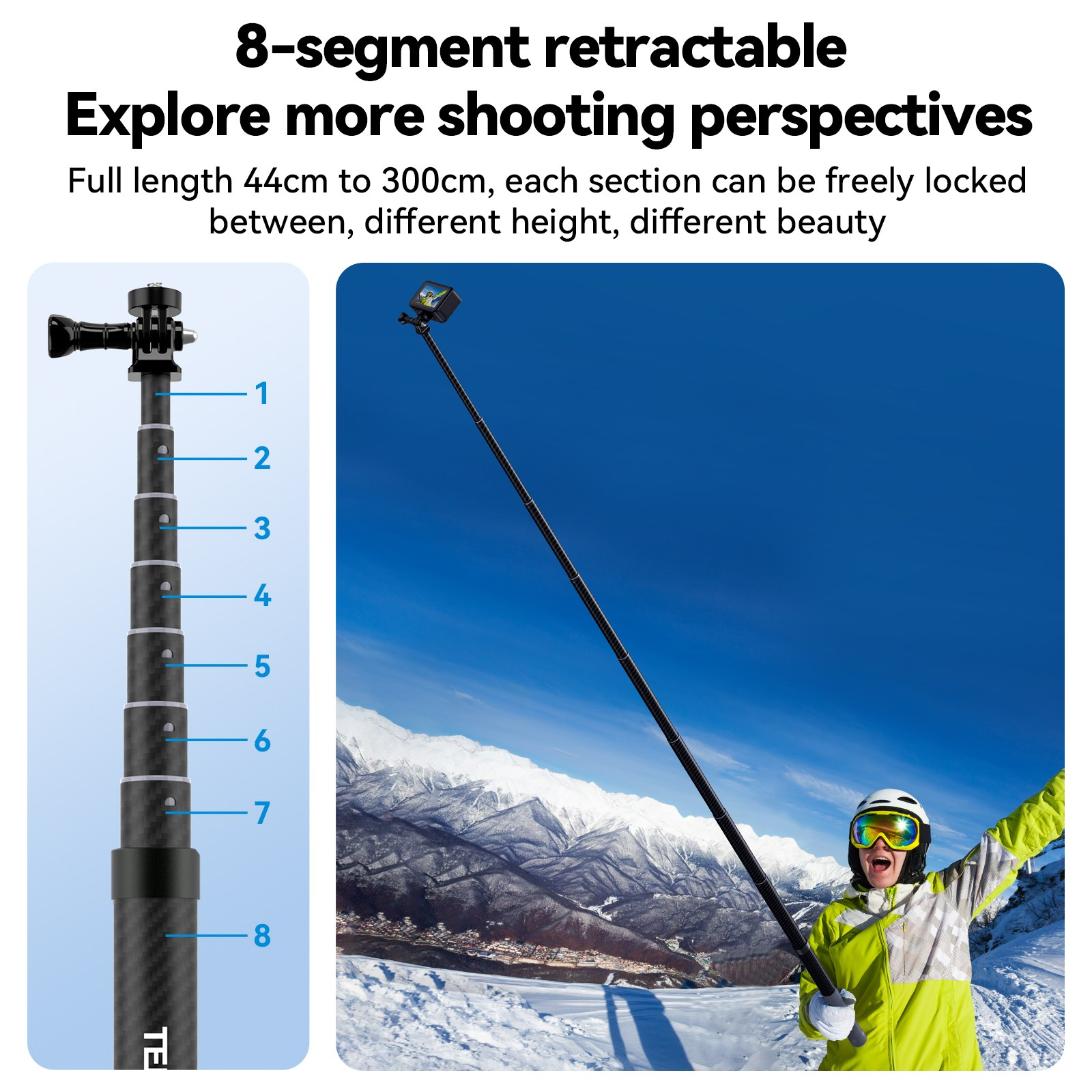 Een skier met een lange, uitschuifbare selfiestick voor besneeuwde bergen.