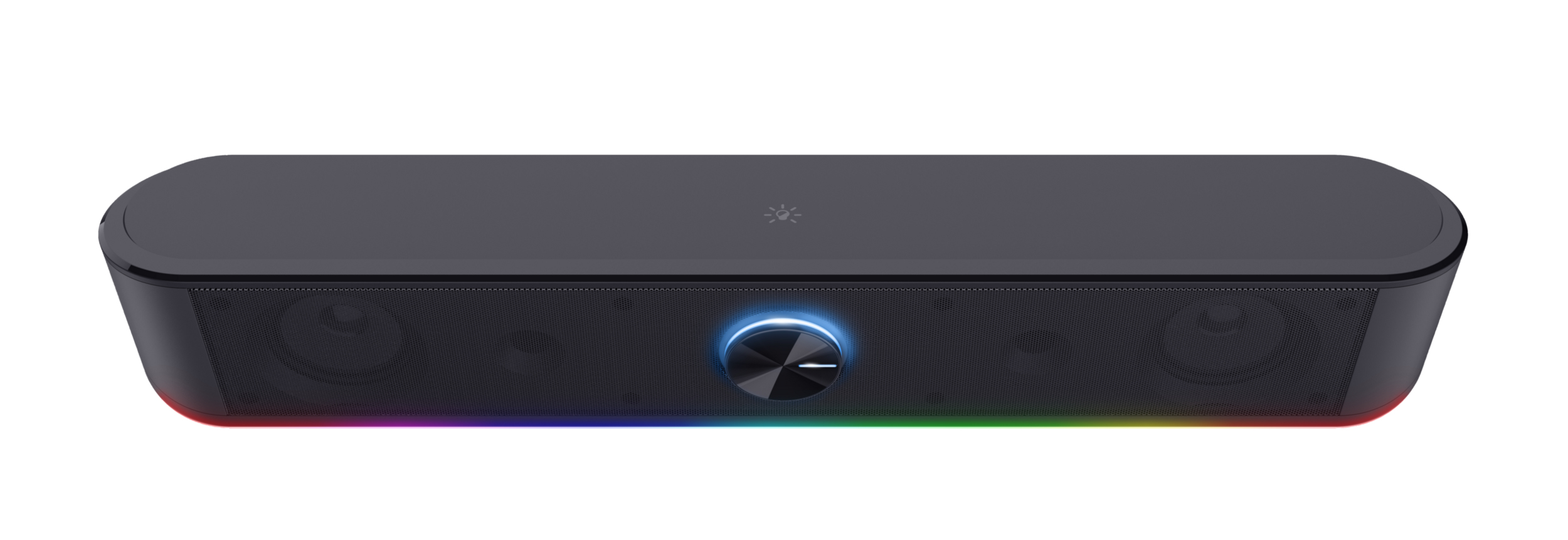 Eine schwarze Soundbar mit zentralem beleuchteten Lautstärkeregler und bunter RGB-Beleuchtung.
