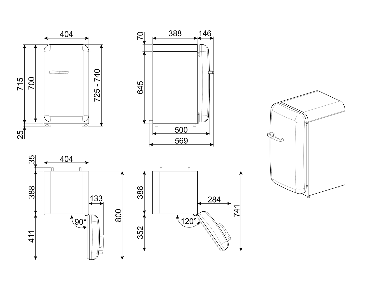 Dibujo técnico de un refrigerador retro pequeño con medidas.