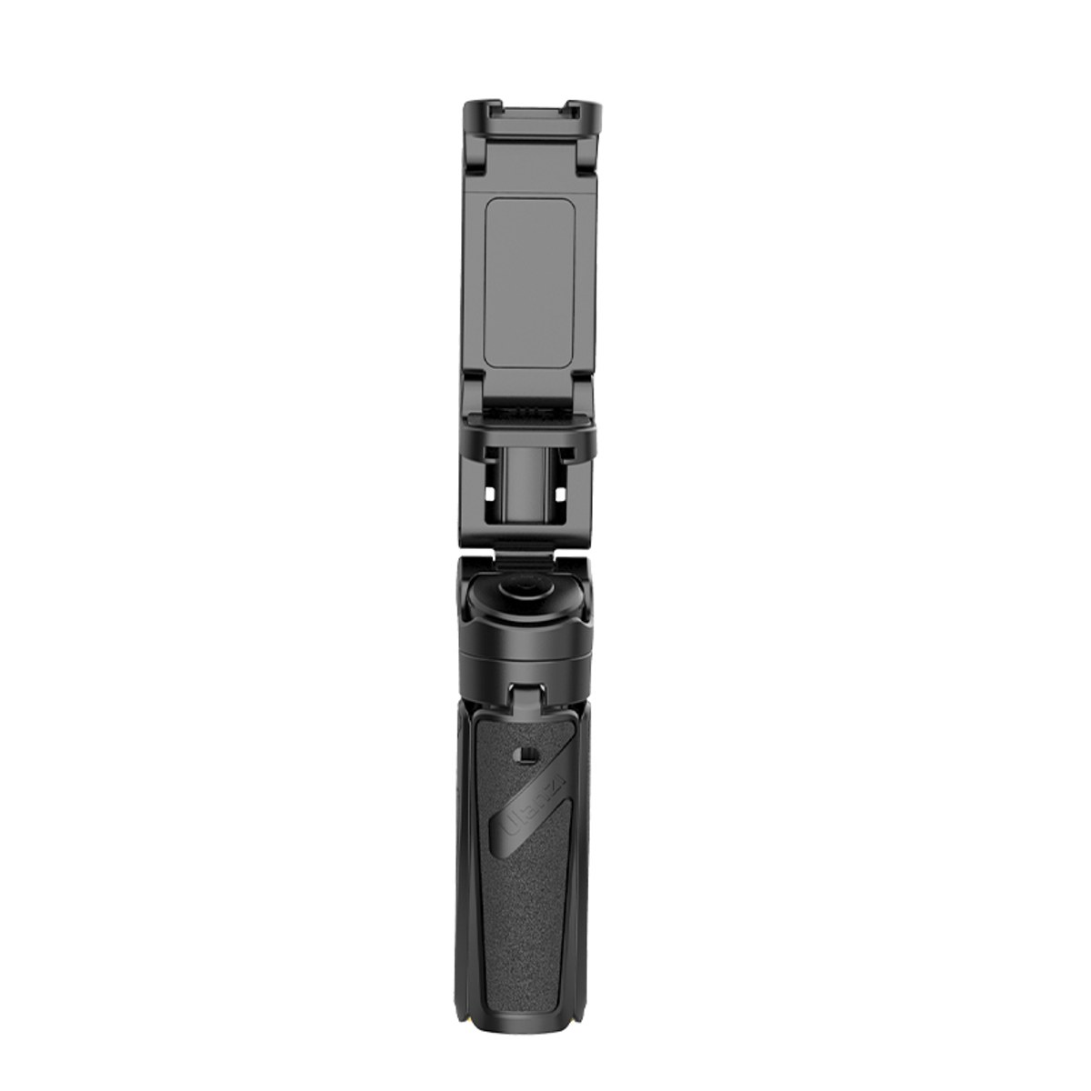 Un mini treppiede Ulanzi nero con morsetto per smartphone regolabile su sfondo bianco.