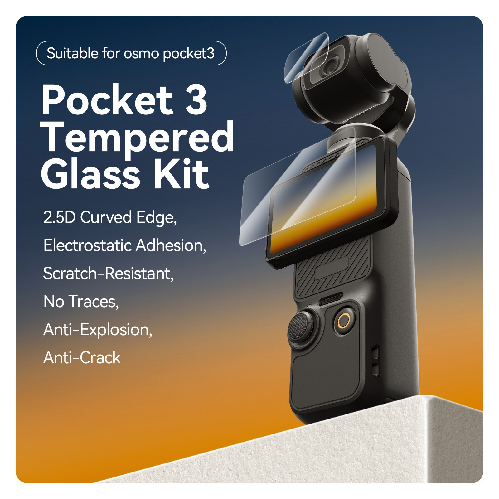 Osmo Pocket 3 camera met gehard glas screenprotectors boven de lens en het display.