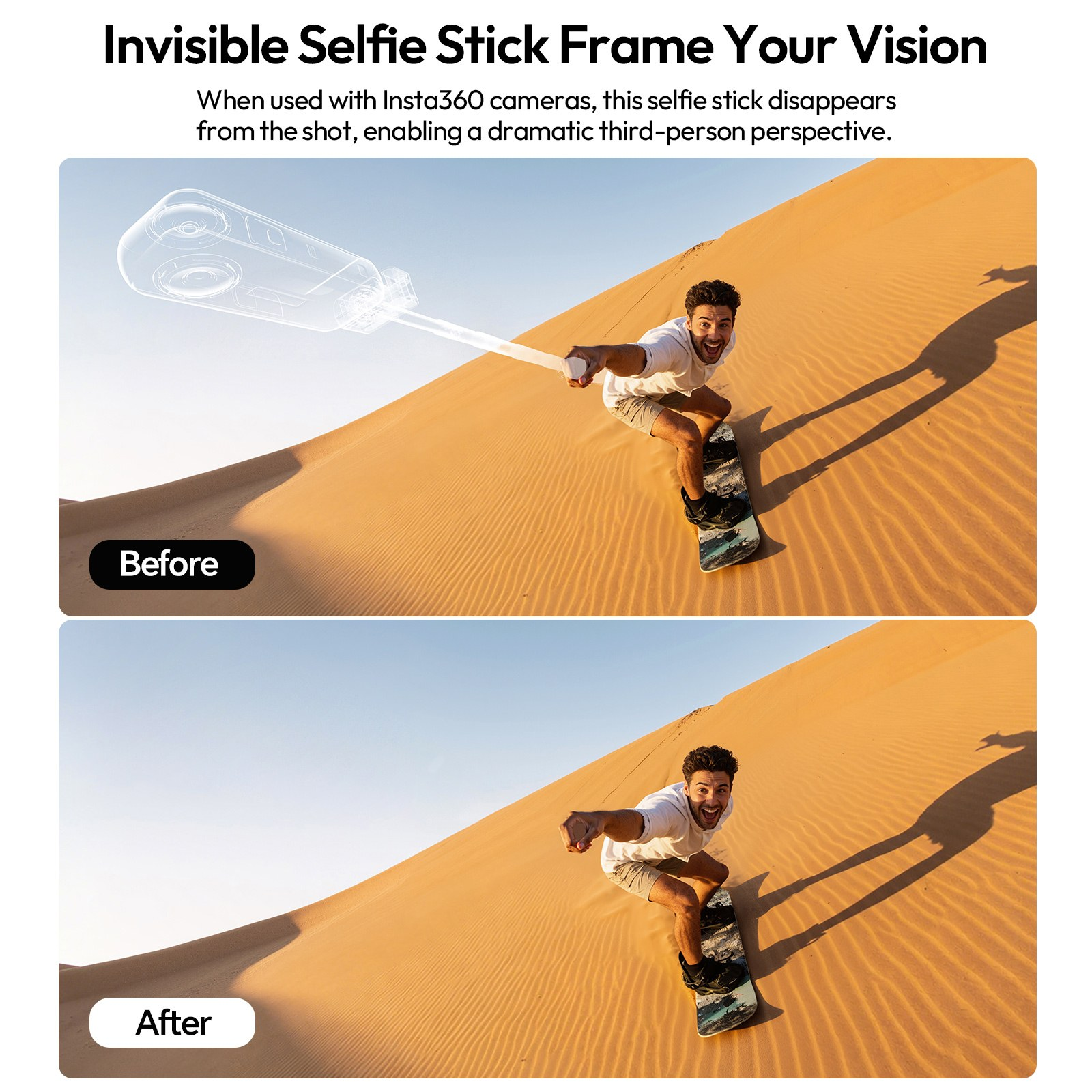 Vergleichsbilder zeigen Sandboarder mit und ohne sichtbaren Selfie-Stick und Kamera.
