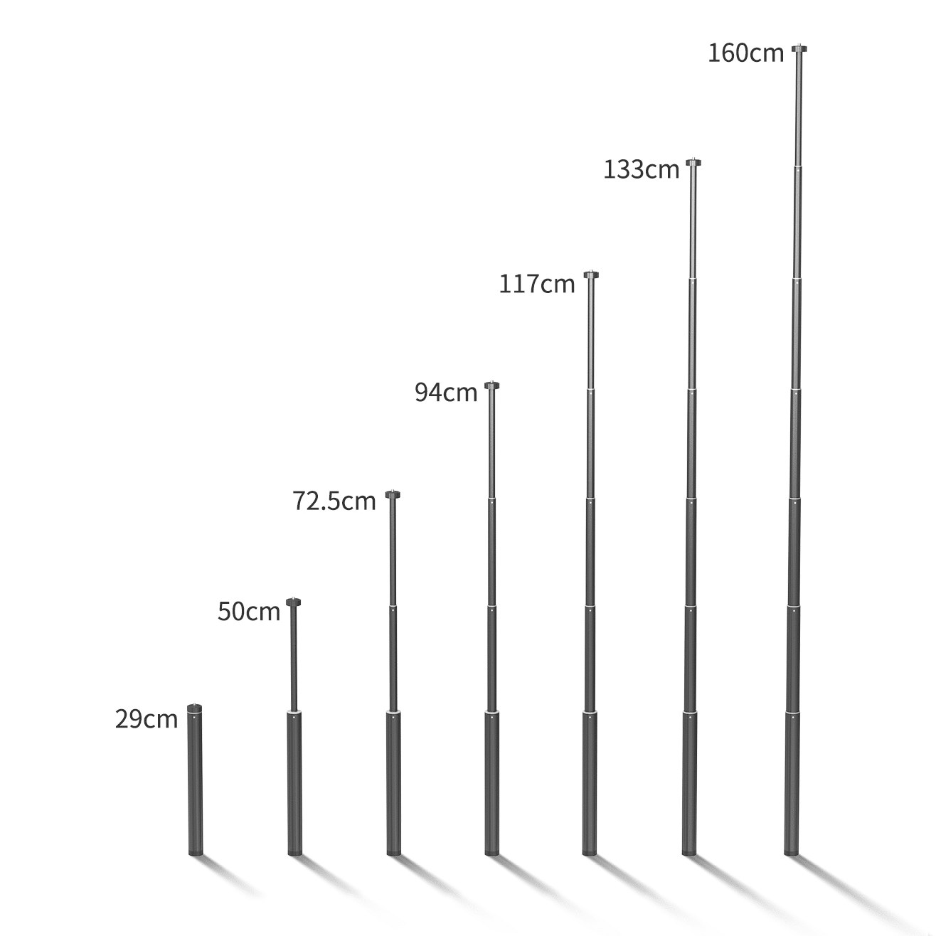 Diagramme montrant sept mâts télescopiques extensibles de différentes longueurs, de 29 cm à 160 cm.