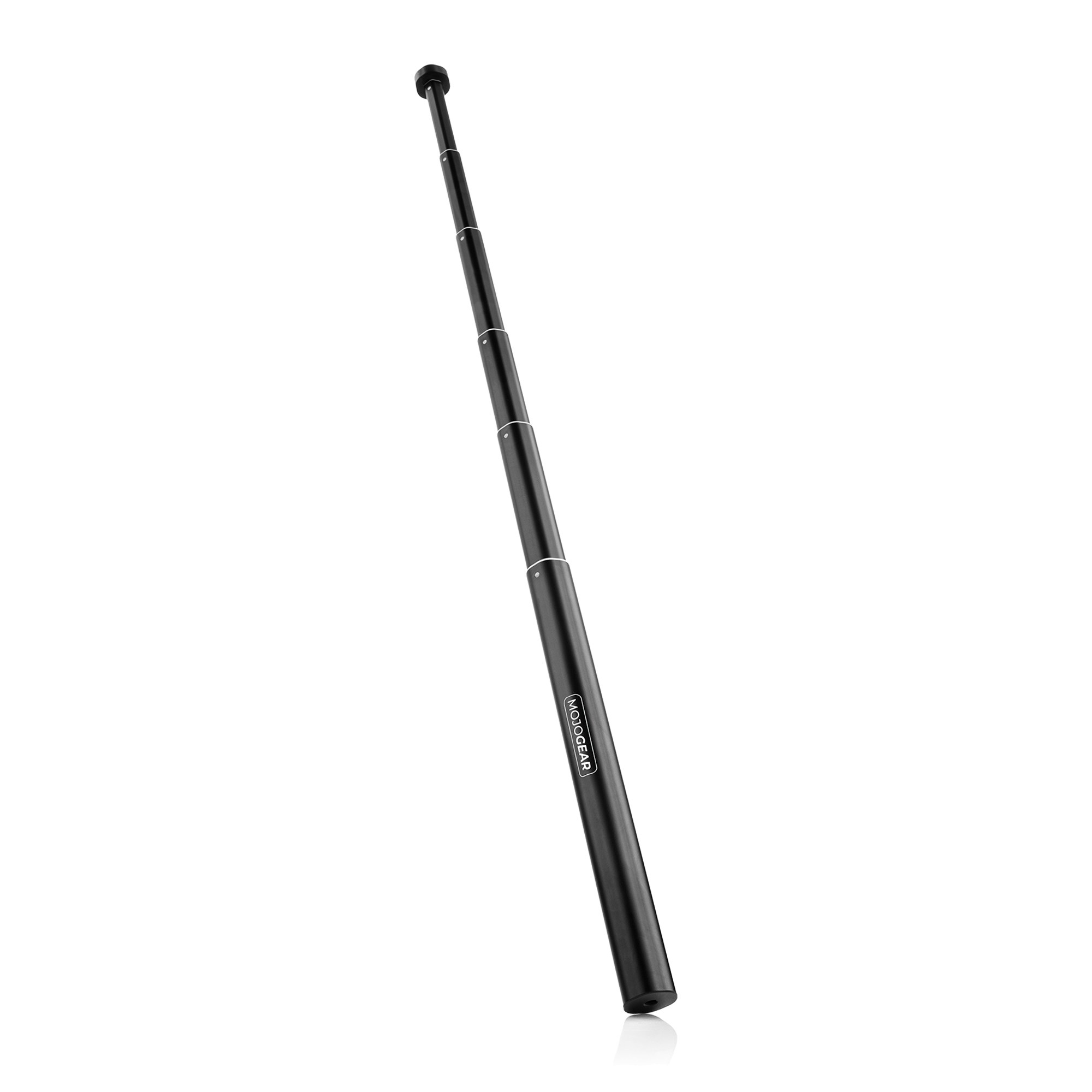 Une perche à selfie noire extensible avec le logo MojoGear sur fond blanc.